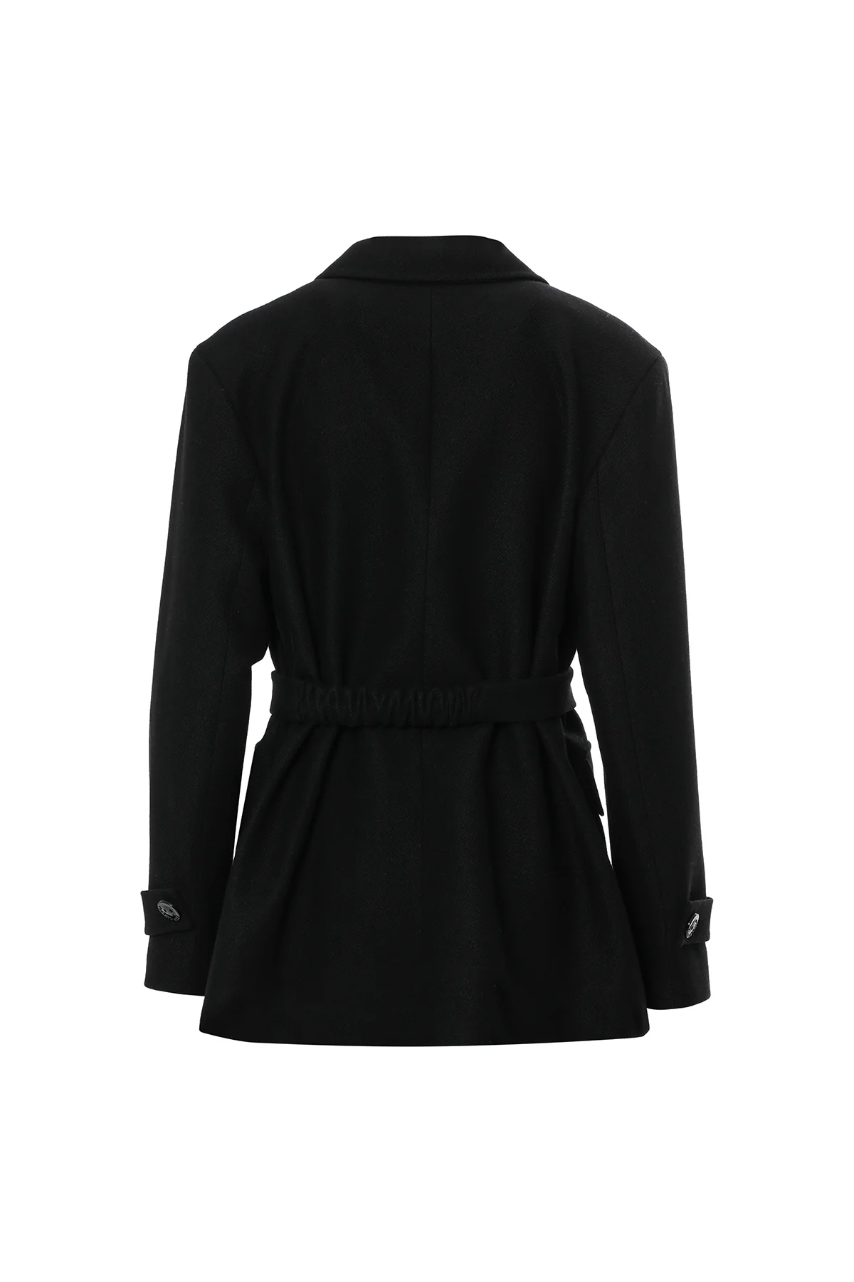 Double-Breasted Belted and Pocketed Black Jacket - Image 3