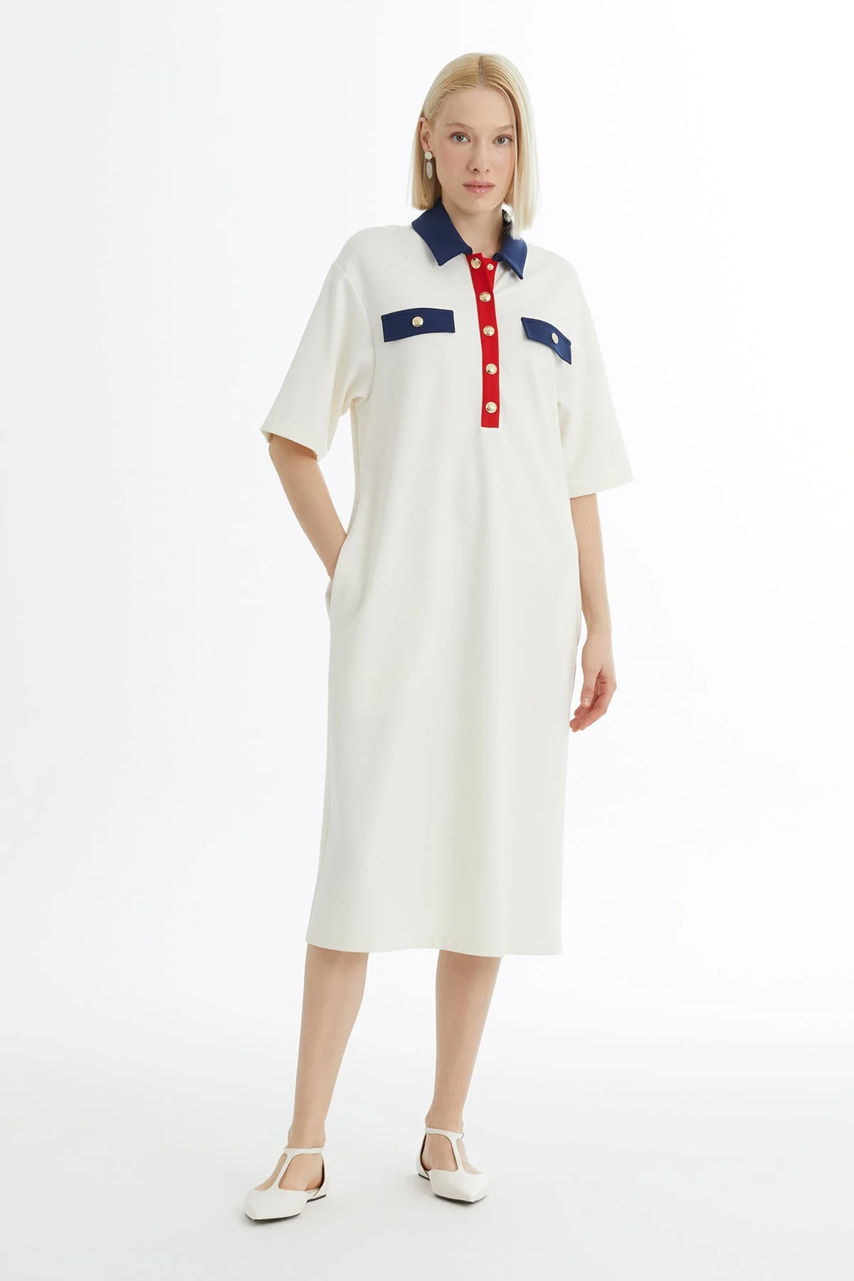 Ecru A-Line Dress with Snap Closure