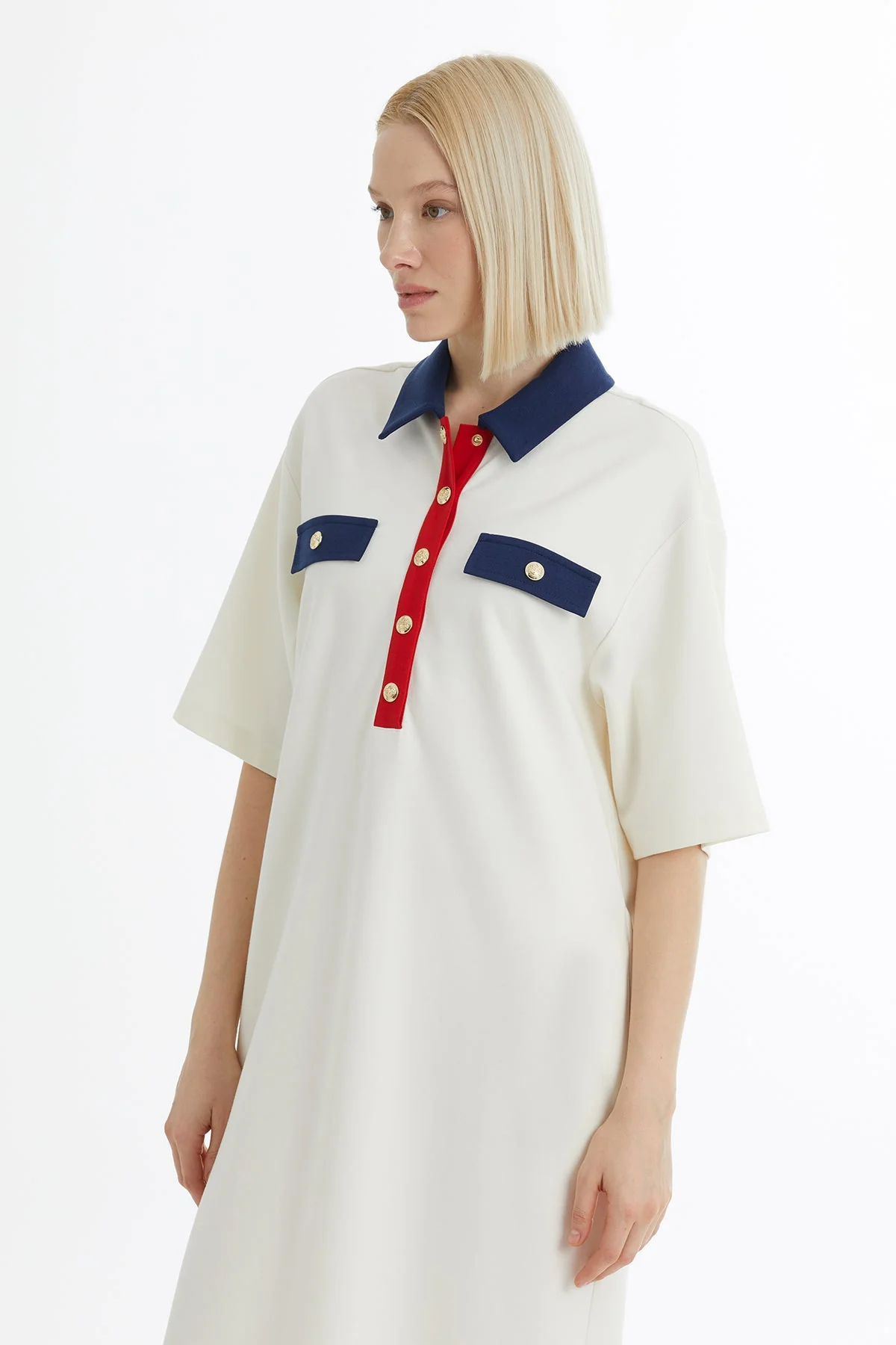 Ecru A-Line Dress with Snap Closure - Image 2