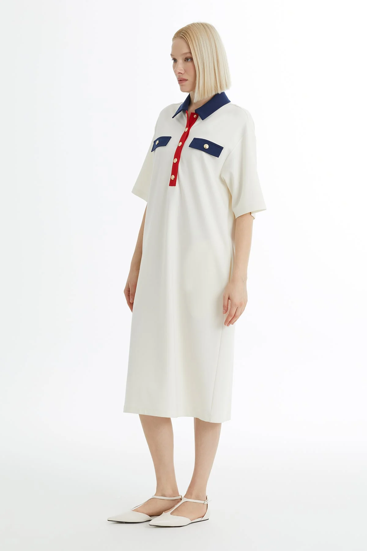 Ecru A-Line Dress with Snap Closure - Image 3