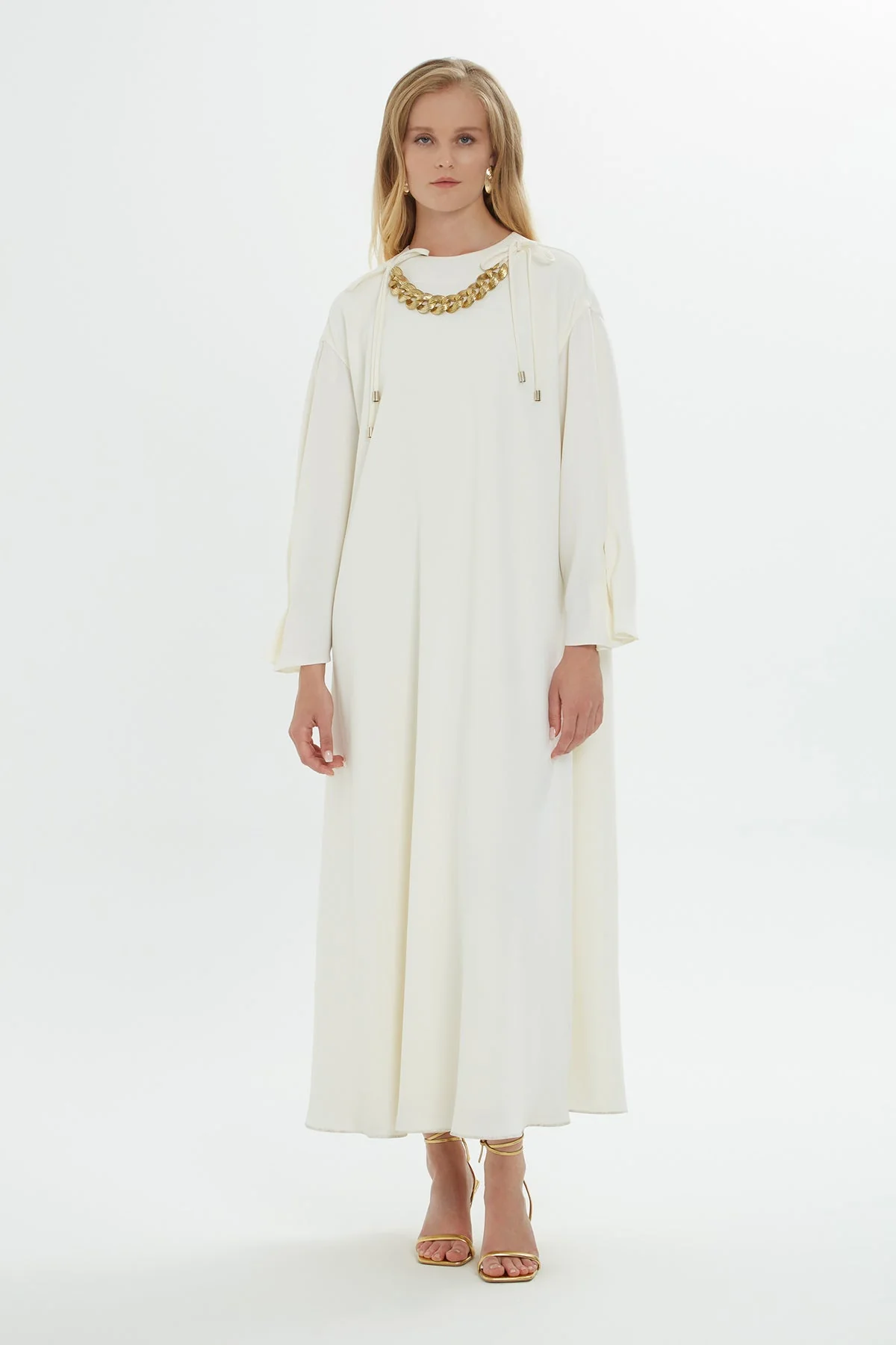 Ecru Accessory-Detail Midi Dress
