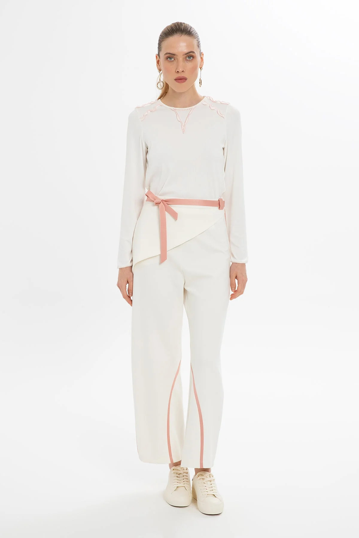 Ecru Asymmetric-Detail Trousers