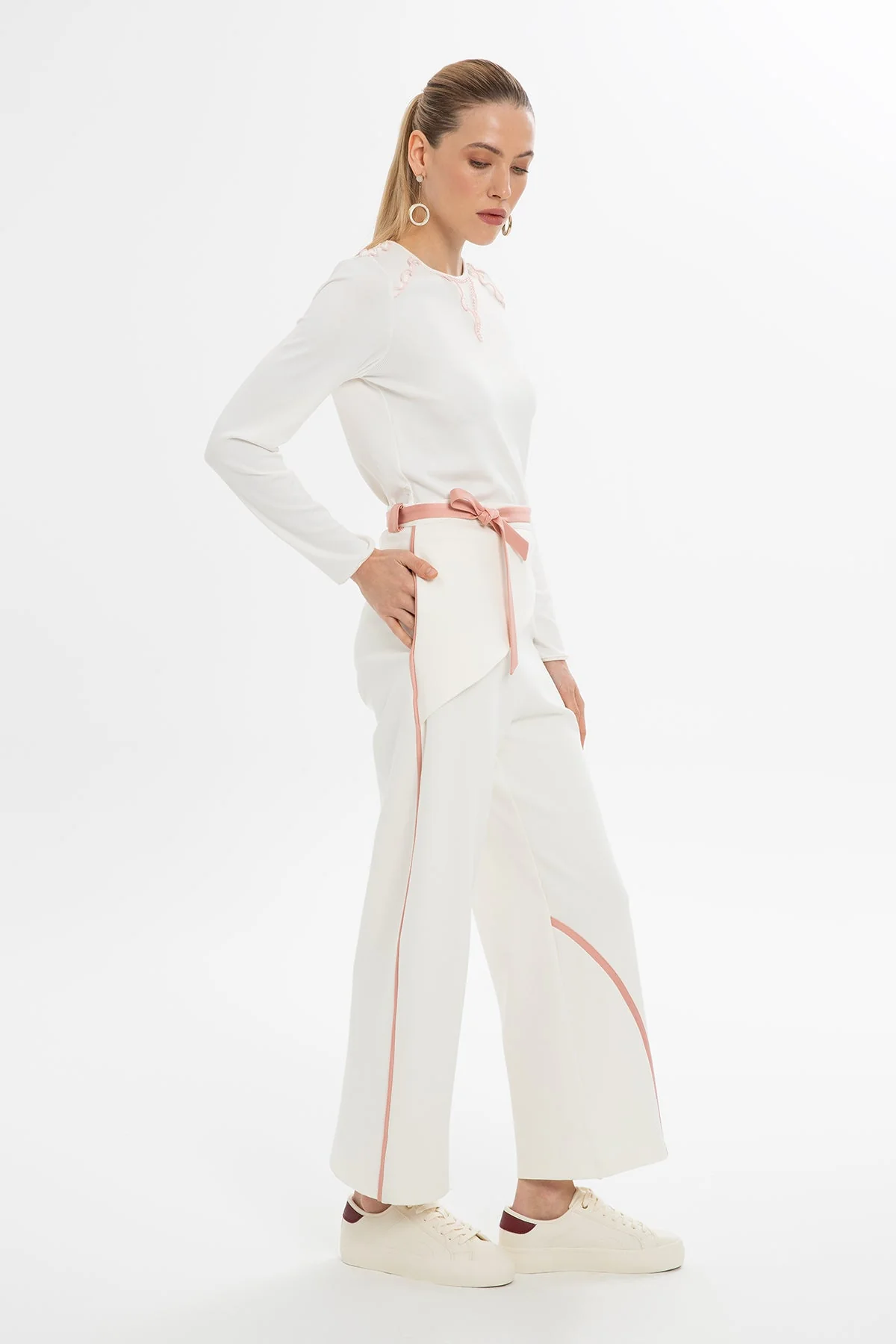 Ecru Asymmetric-Detail Trousers - Image 2