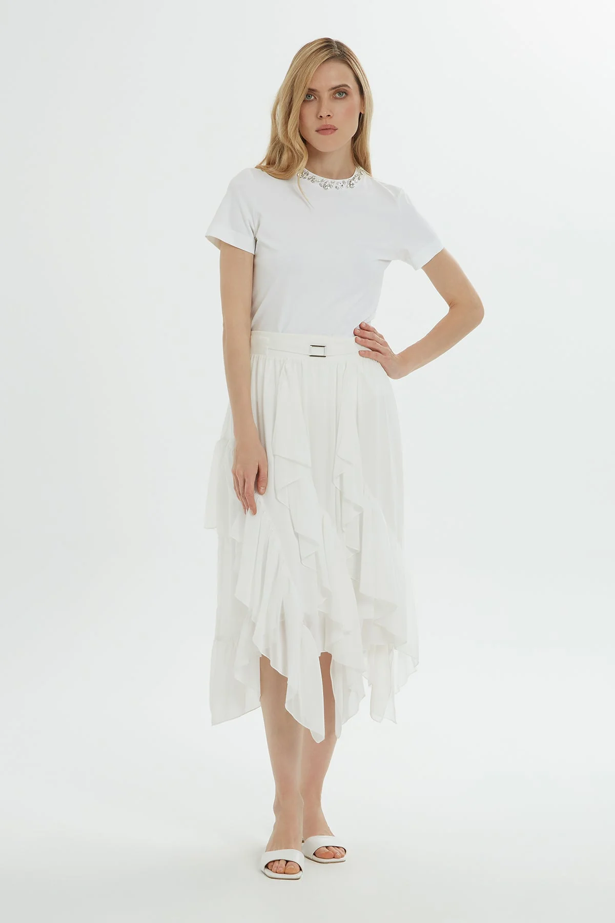 Ecru Asymmetric Midi Skirt - Image 3