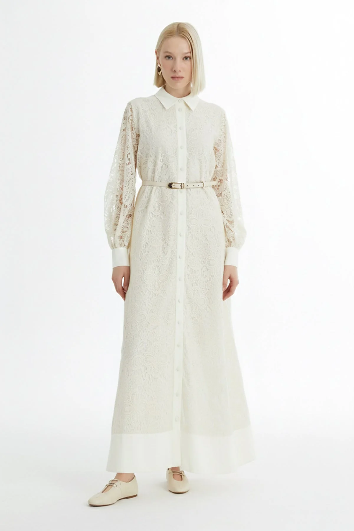 Ecru Balloon Sleeve Patterned Dress