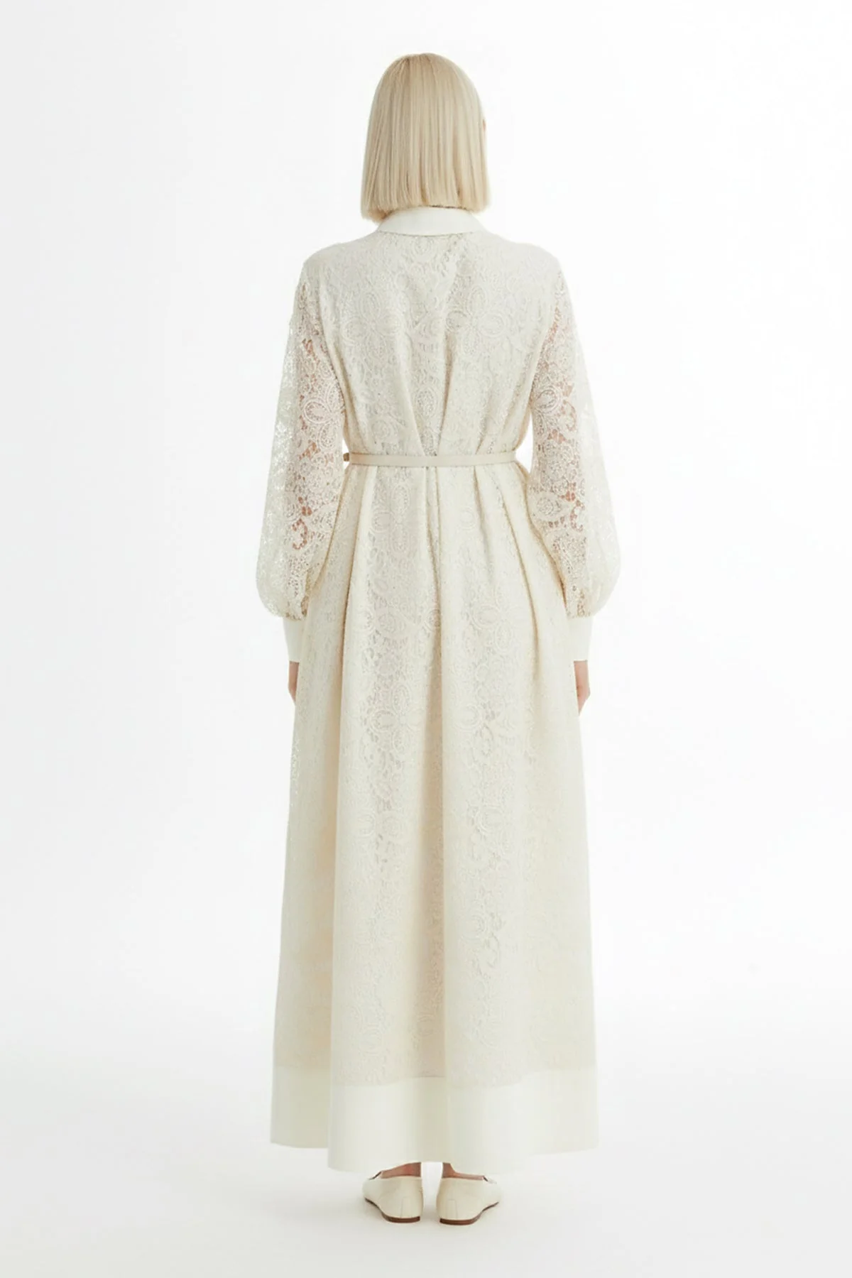 Ecru Balloon Sleeve Patterned Dress - Image 4