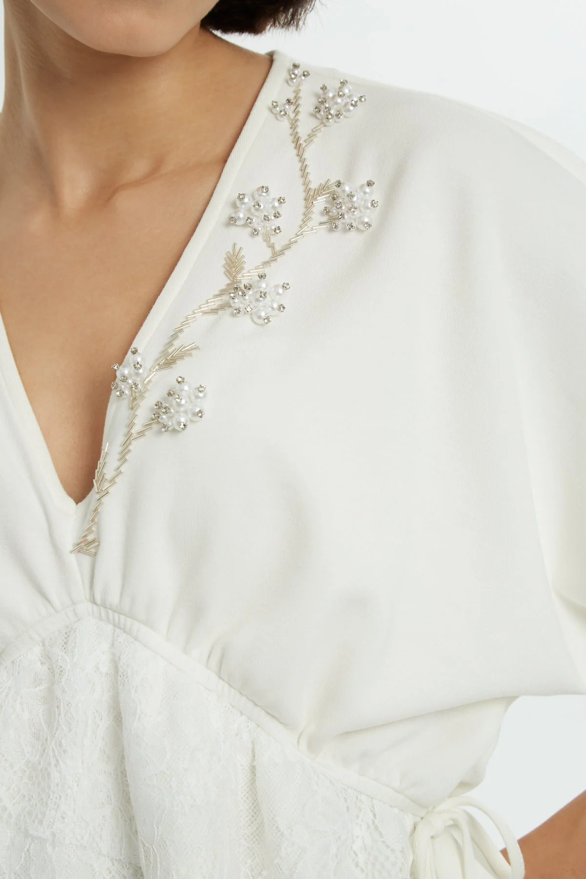 Ecru Beaded V-Neck Blouse - Image 2