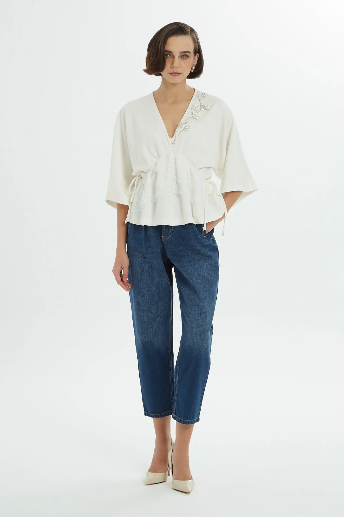 Ecru Beaded V-Neck Blouse - Image 3