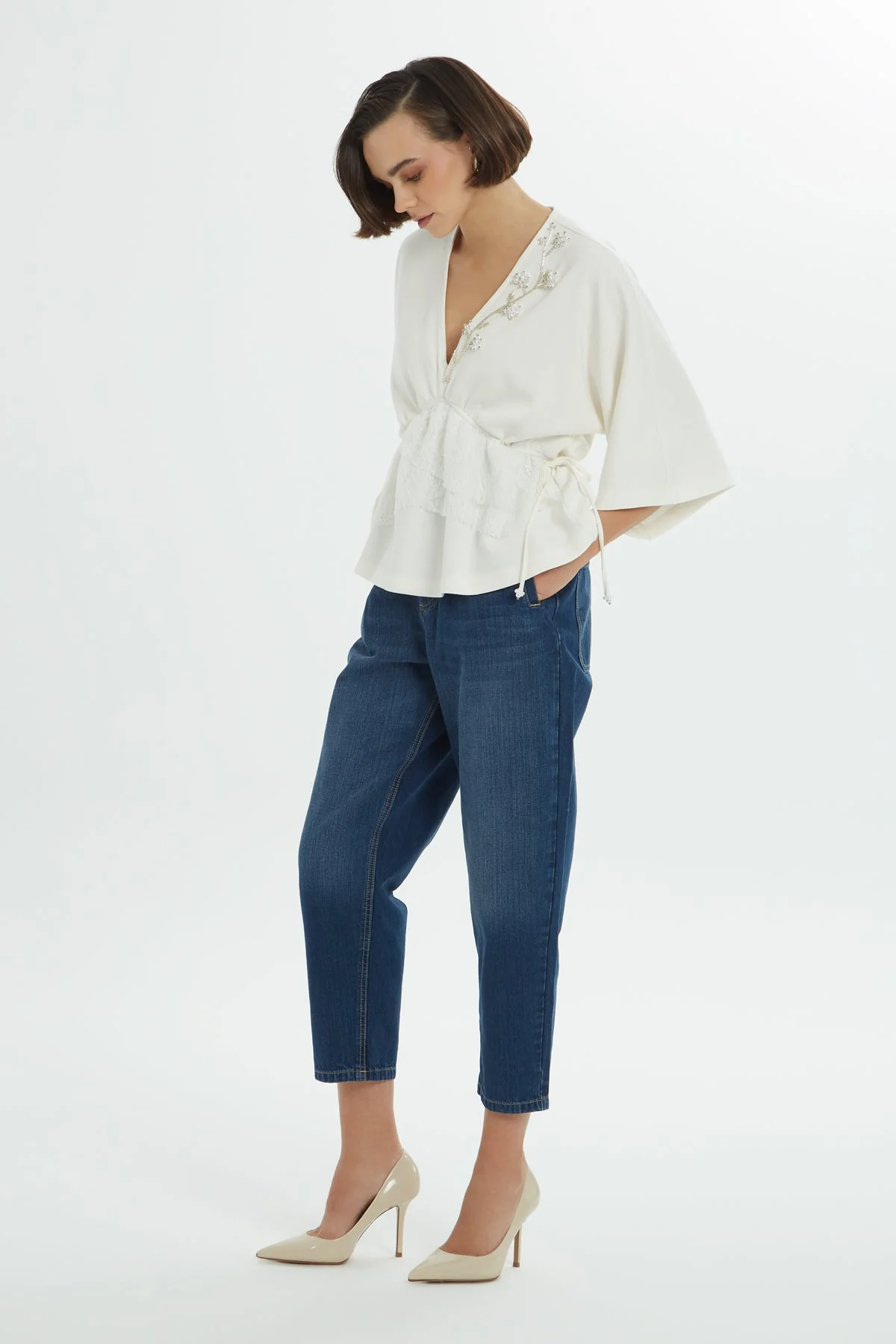 Ecru Beaded V-Neck Blouse - Image 4