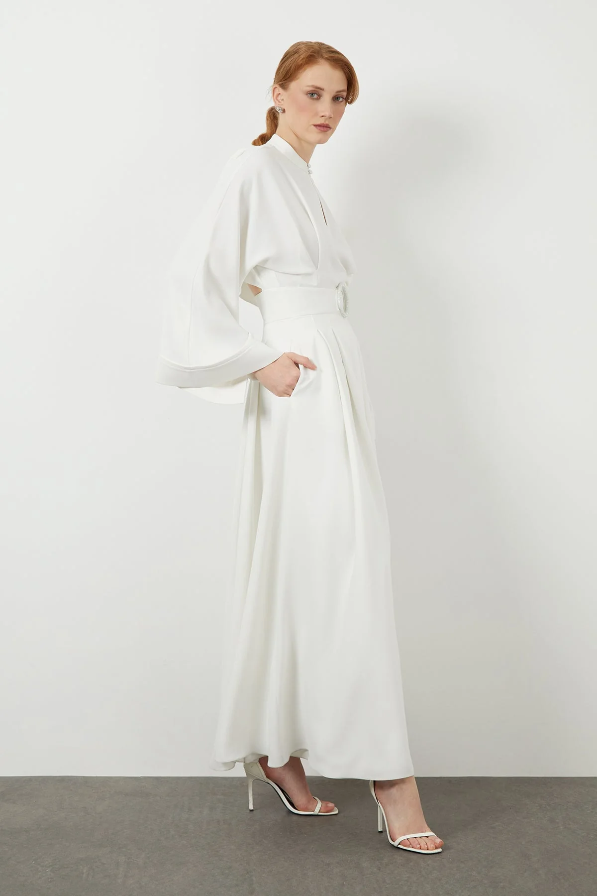 Ecru Belted Long-Sleeve Maxi Dress - Image 3