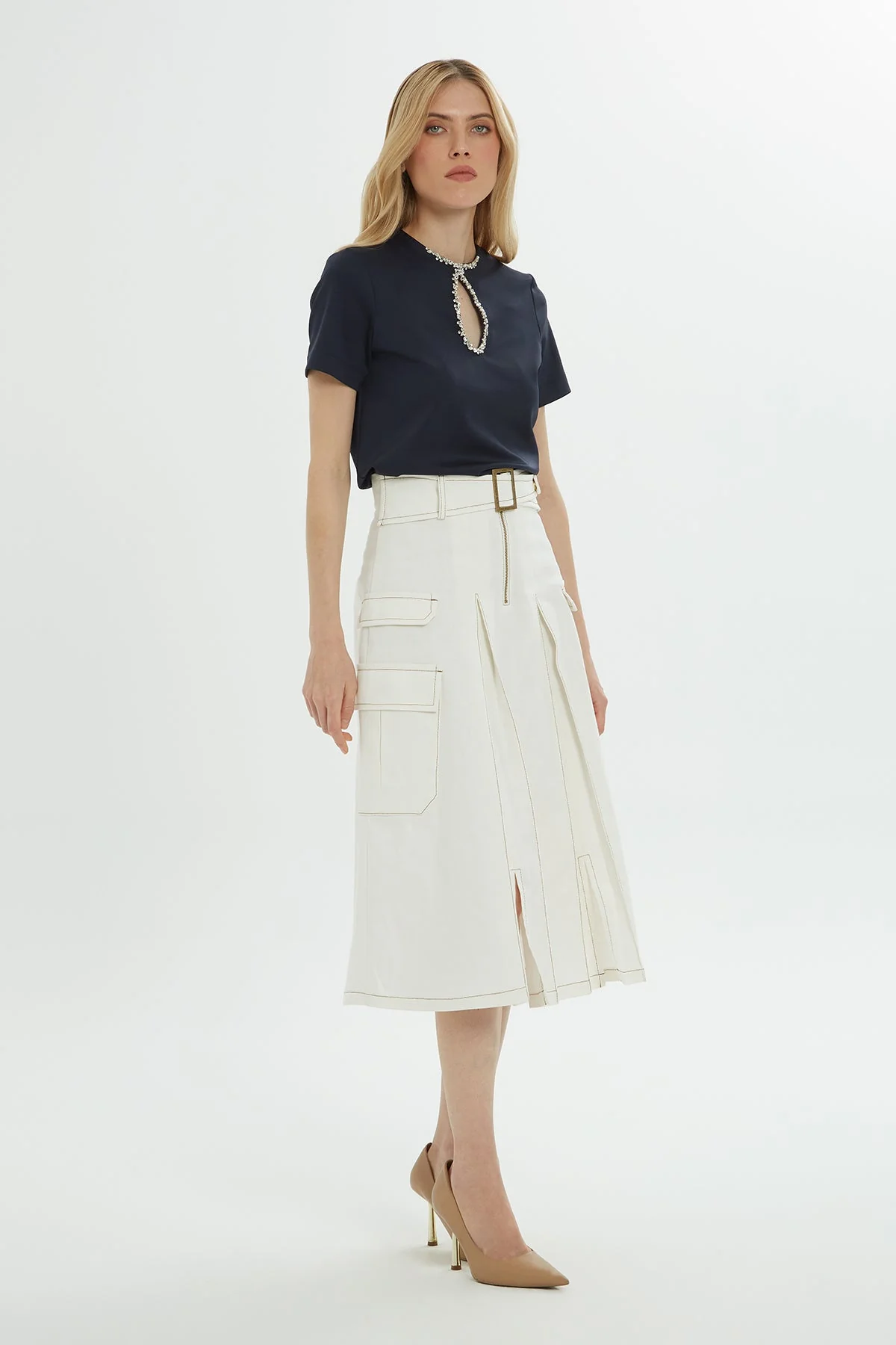 Ecru Belted Midi Skirt - Image 3