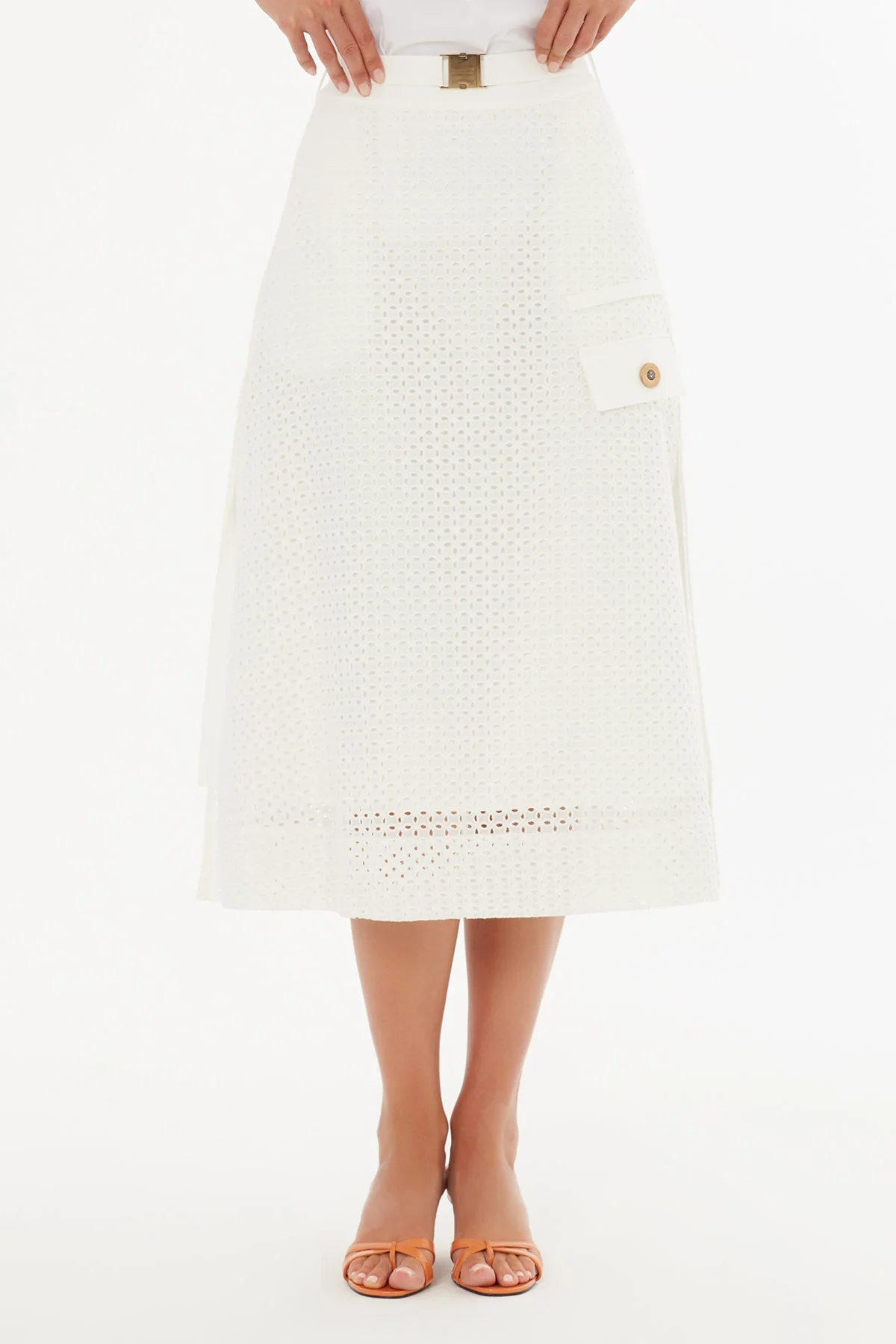 Ecru Belted Side-Slit Midi Skirt - Image 2