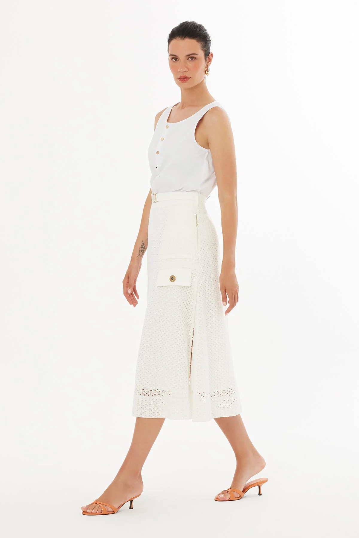 Ecru Belted Side-Slit Midi Skirt - Image 4
