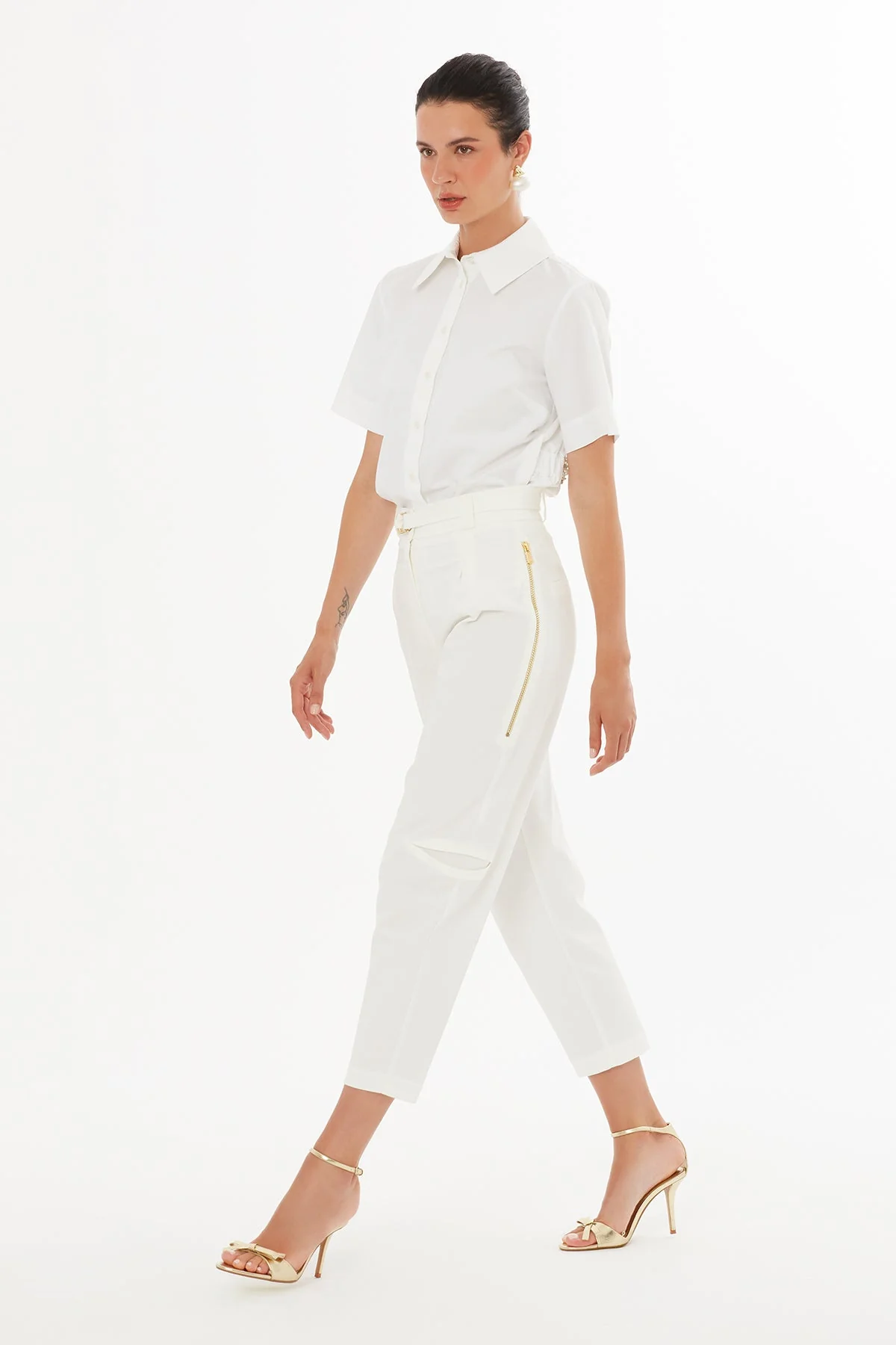 Ecru Belted Straight-Leg Trousers - Image 3