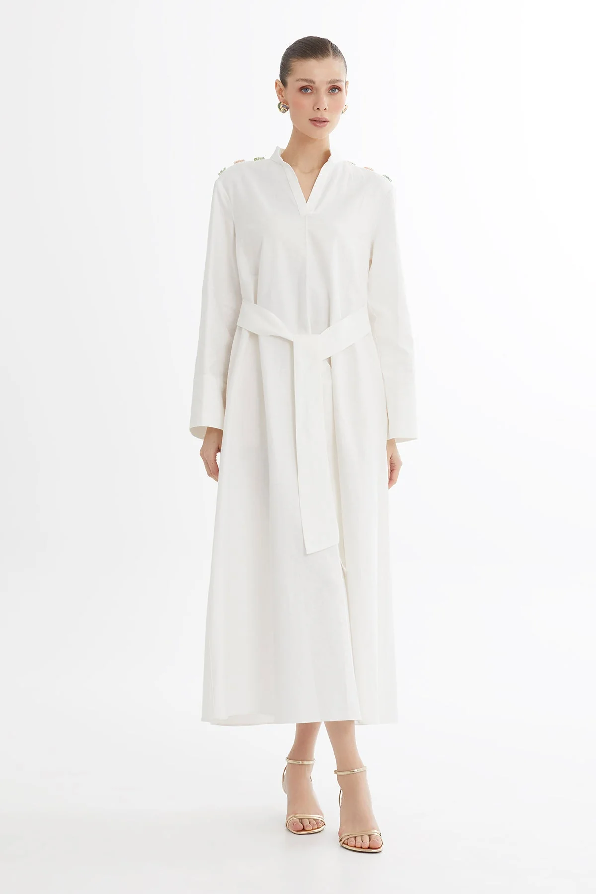 Ecru Bone Button Detail Midi Dress With Beaded Belt