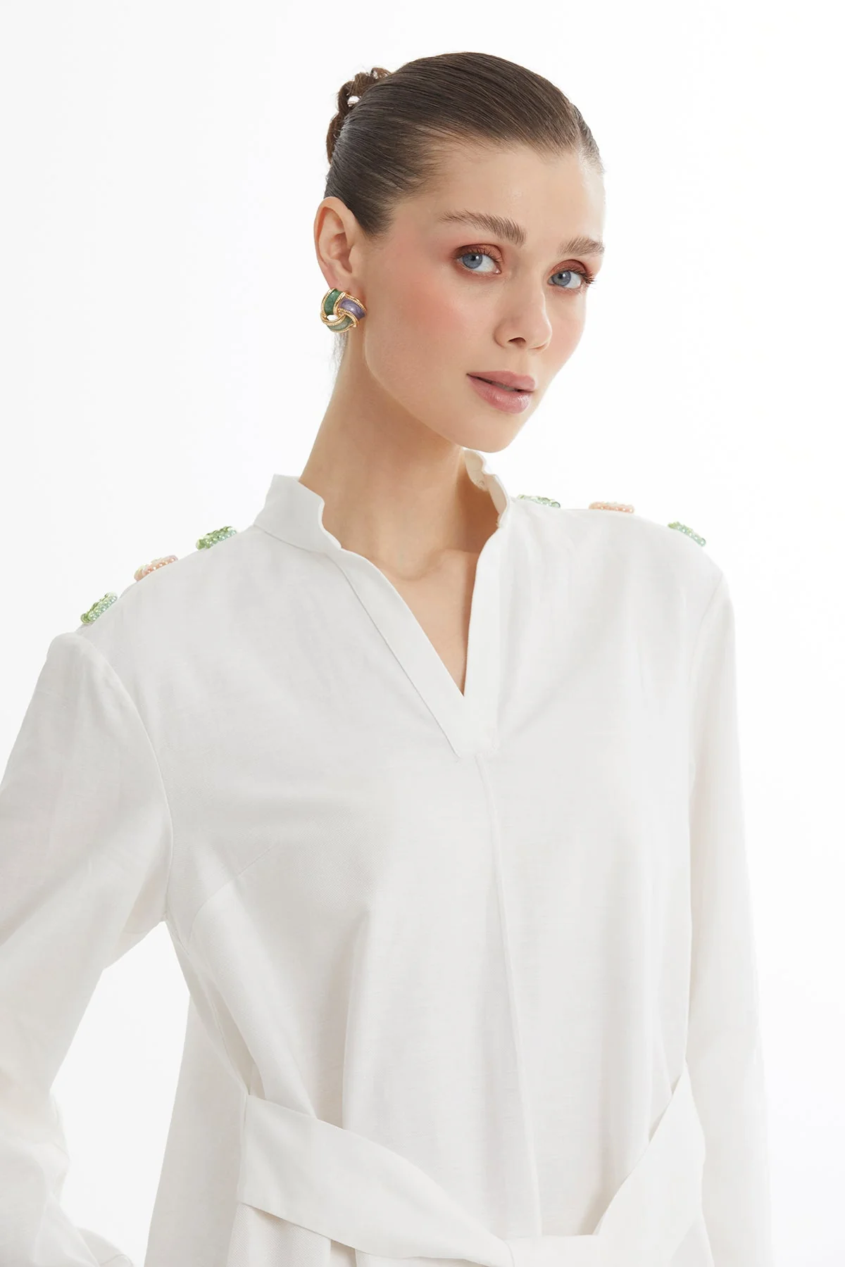 Ecru Bone Button Detail Midi Dress With Beaded Belt - Image 2