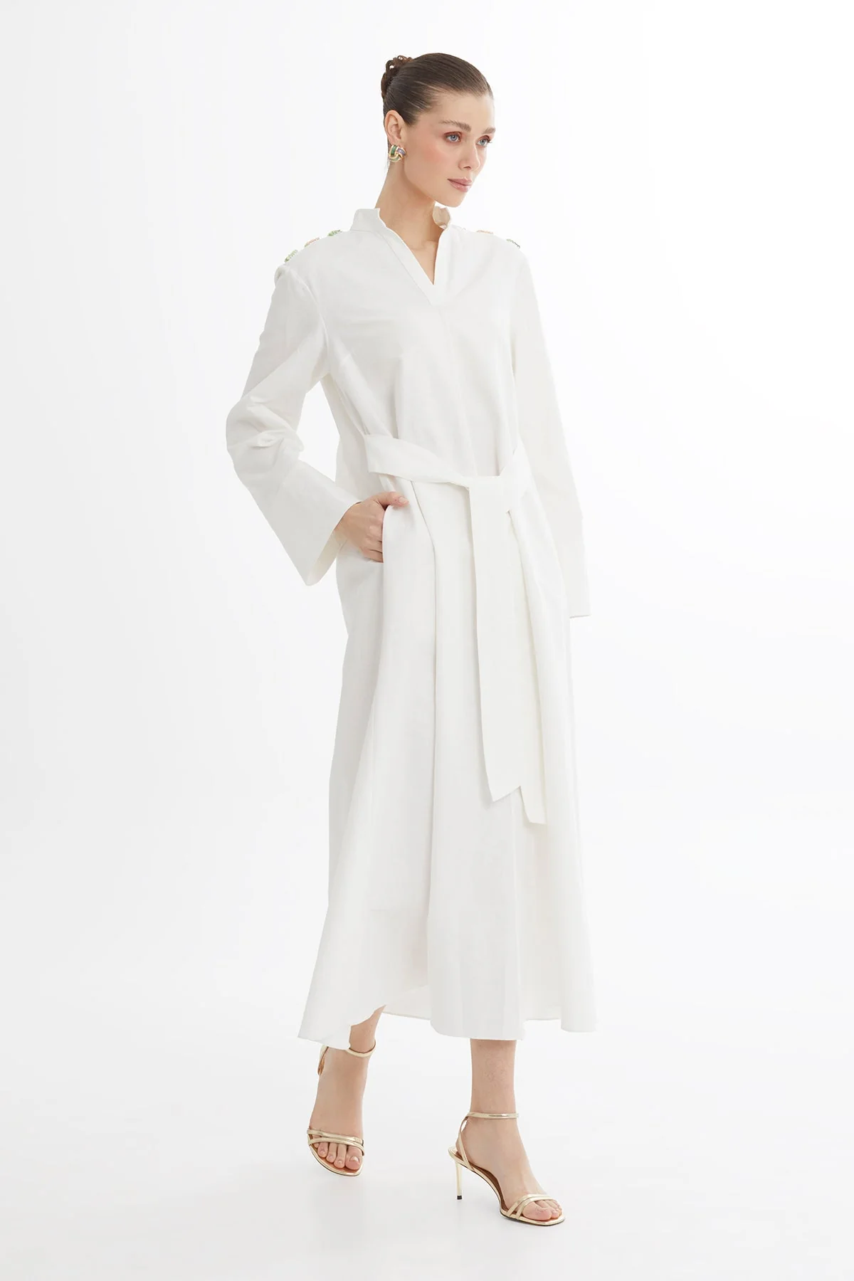 Ecru Bone Button Detail Midi Dress With Beaded Belt - Image 3