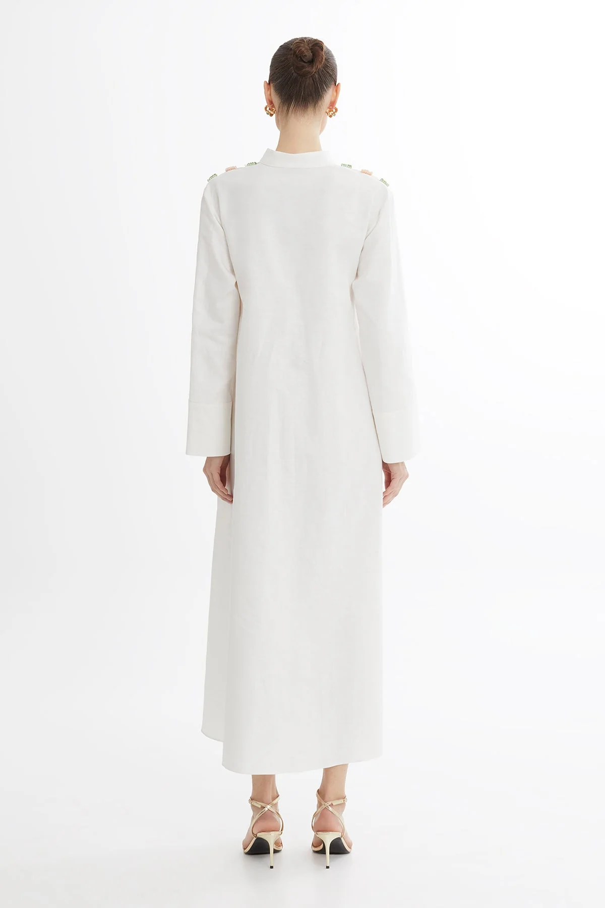 Ecru Bone Button Detail Midi Dress With Beaded Belt - Image 4