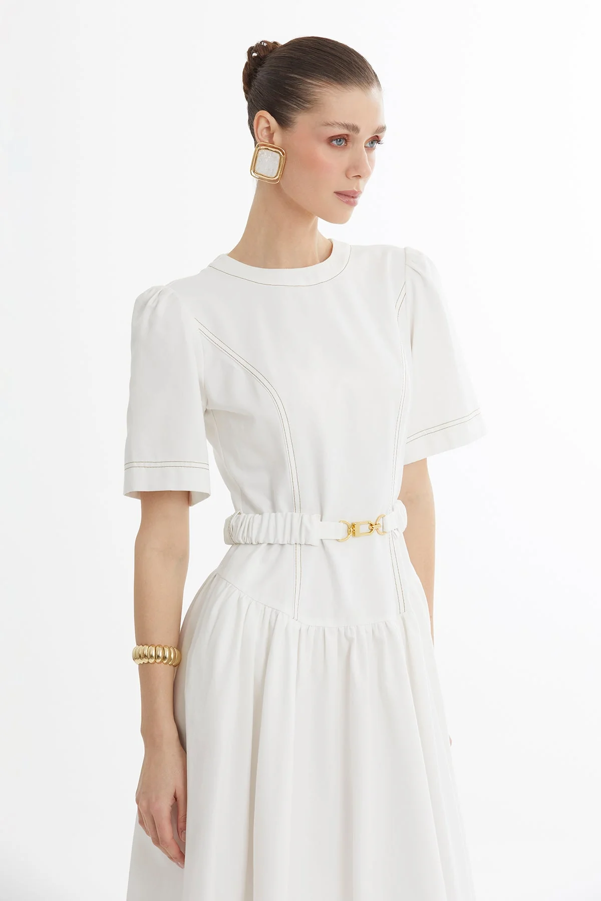 Ecru Buckle-Belt Midi Dress - Image 2