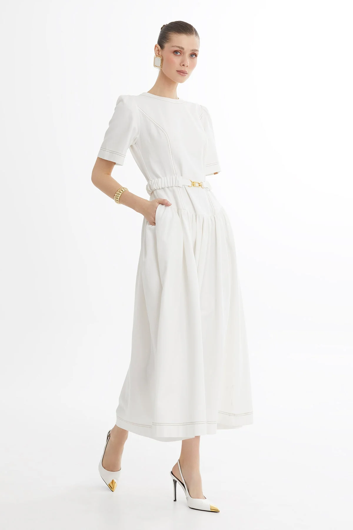 Ecru Buckle-Belt Midi Dress - Image 4