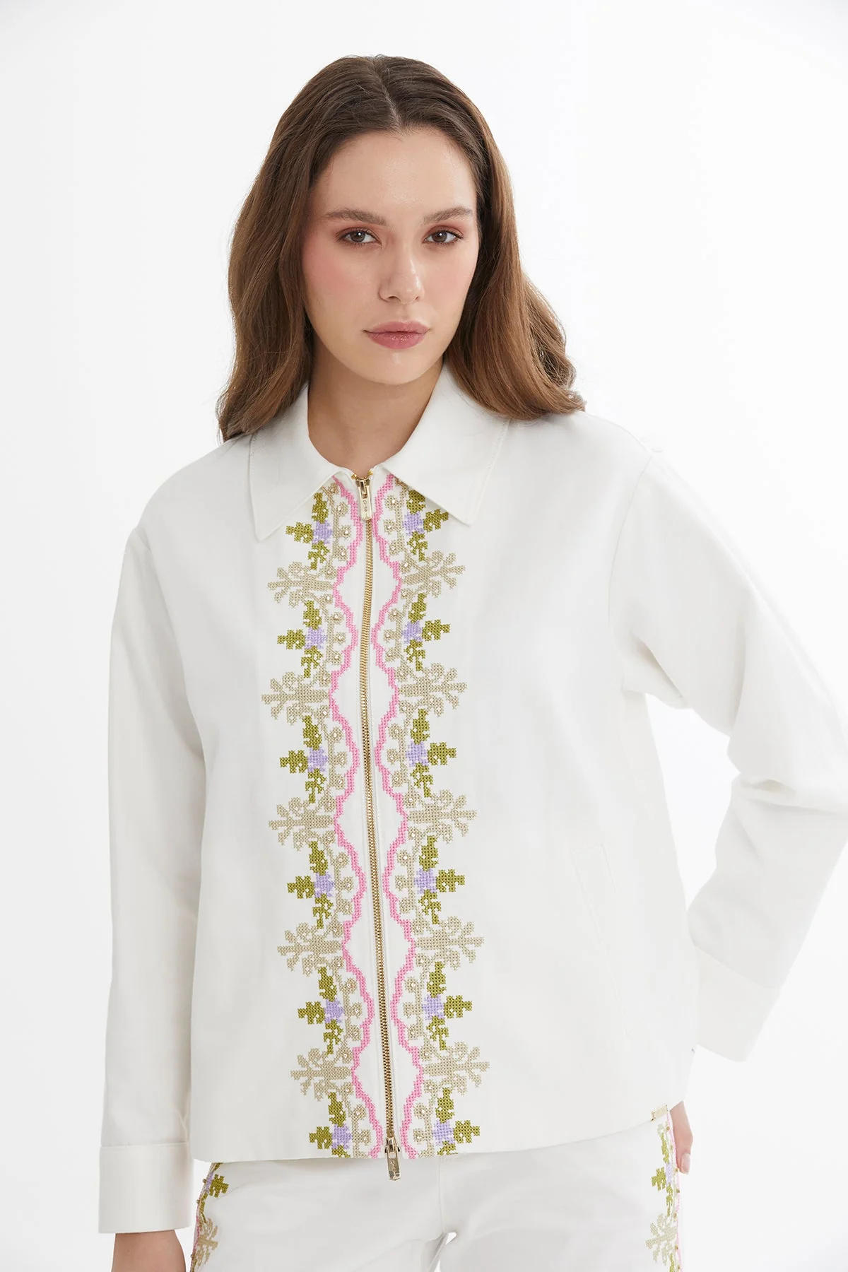 Ecru Canvas Embroidered Jacket - Image 2