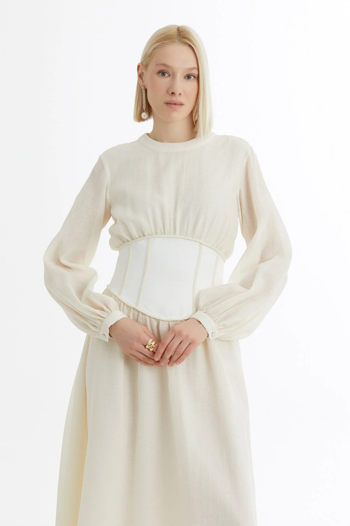 Ecru Corseted Balloon Sleeve Dress - Image 2