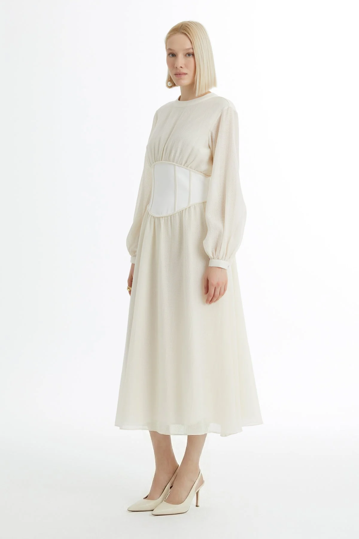 Ecru Corseted Balloon Sleeve Dress - Image 3