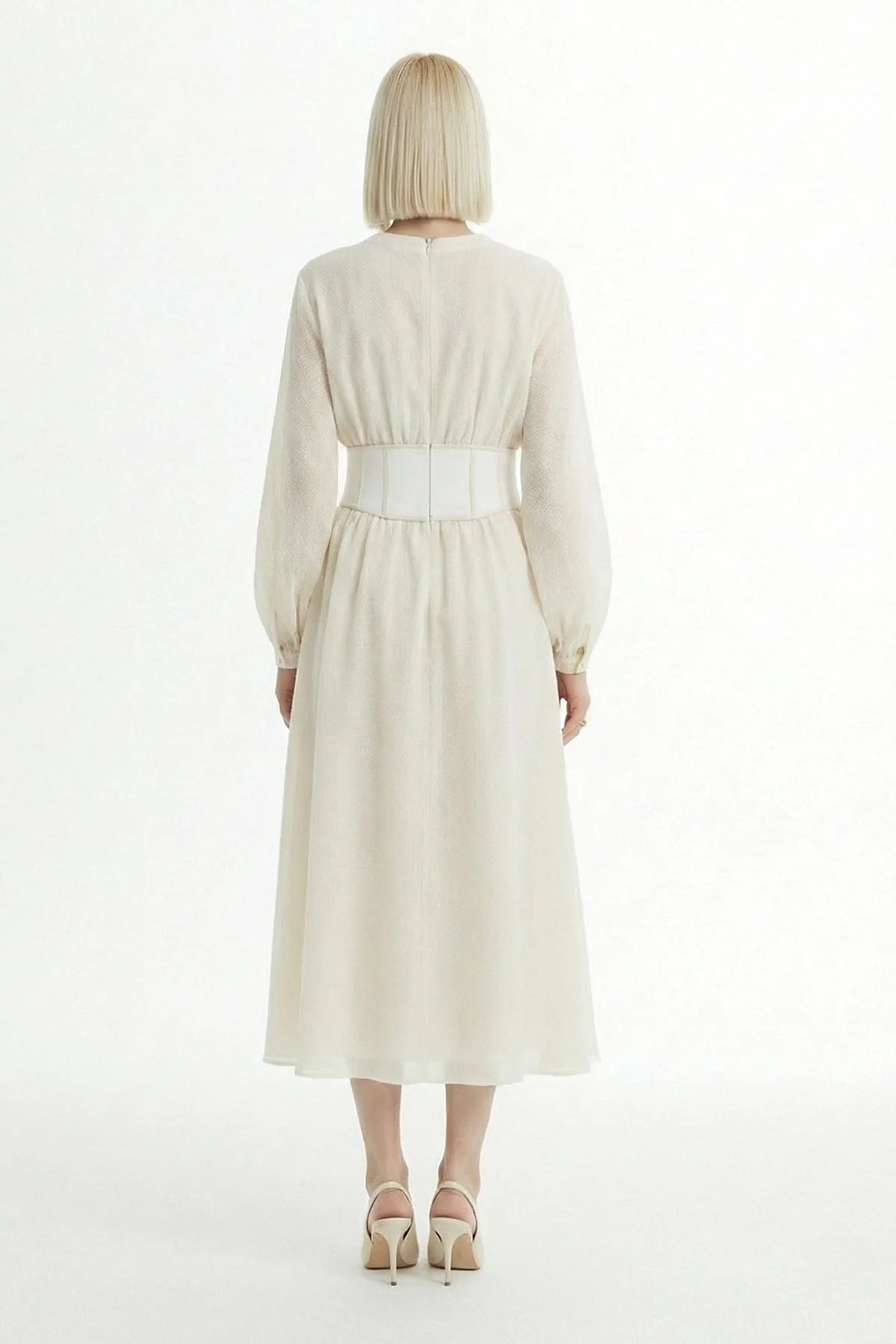 Ecru Corseted Balloon Sleeve Dress - Image 4