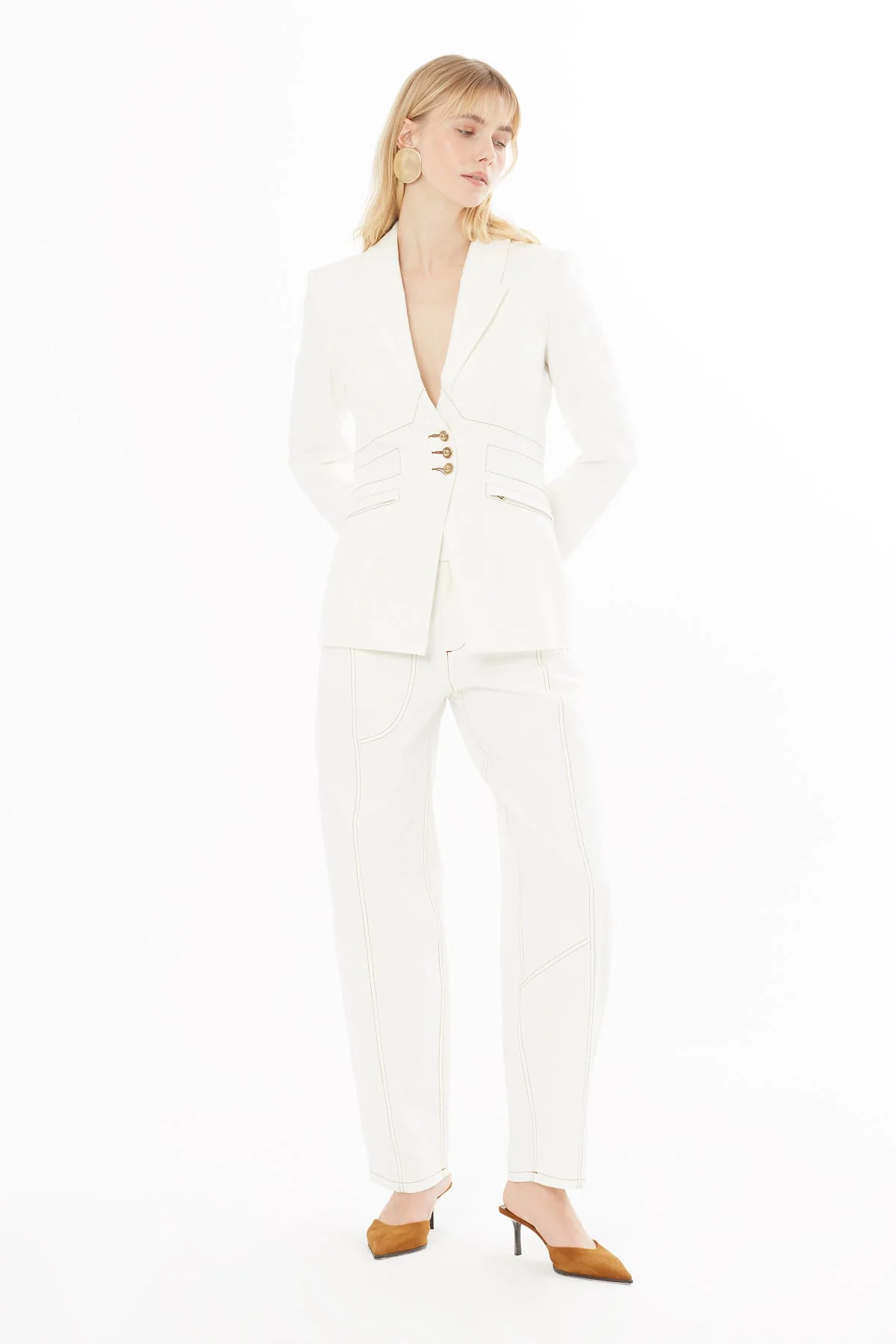 Ecru Double-Breasted Contrast-Stitch Jacket