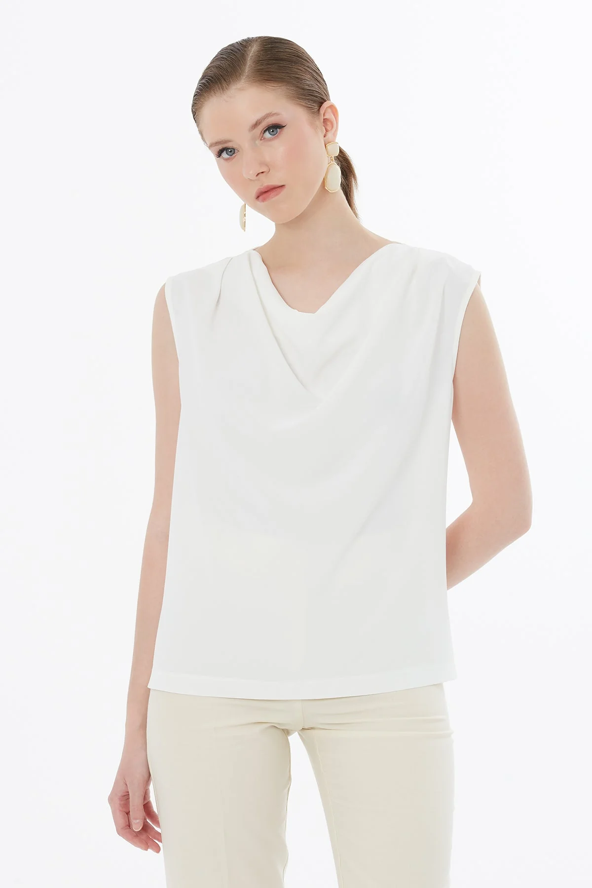 Ecru Draped Neck Blouse - Image 2