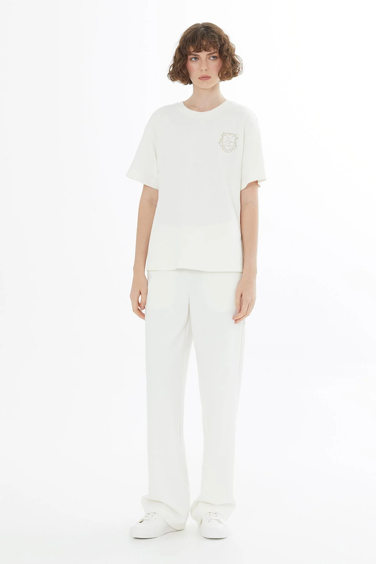Ecru Embroidered and Crystal Appliqué T-Shirt