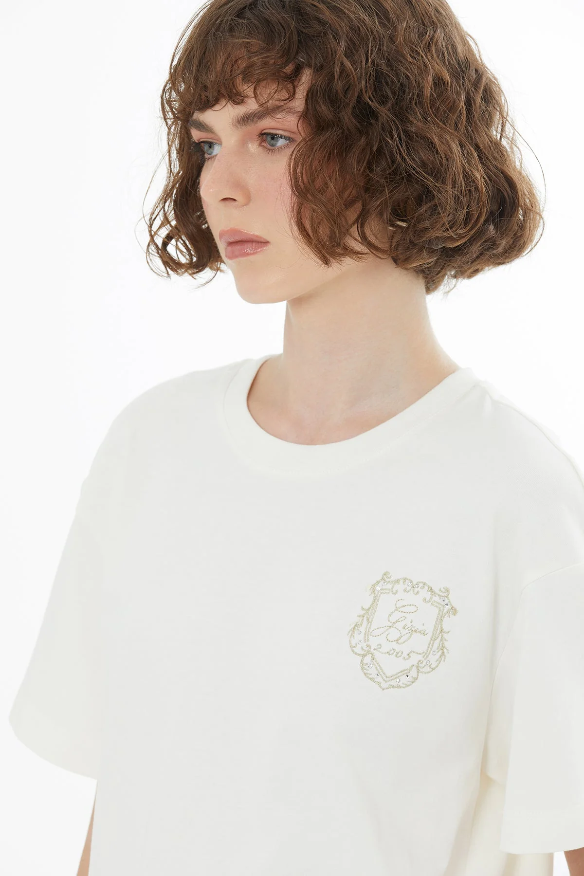 Ecru Embroidered and Crystal Appliqué T-Shirt - Image 2