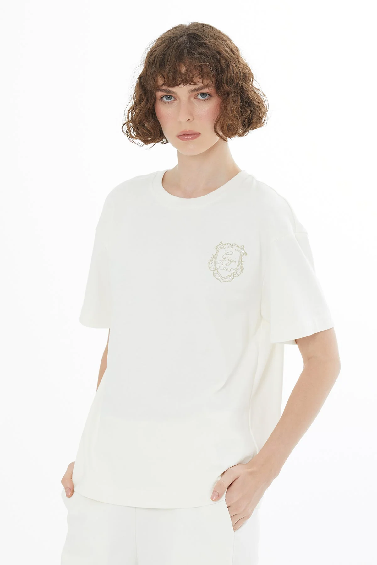 Ecru Embroidered and Crystal Appliqué T-Shirt - Image 3