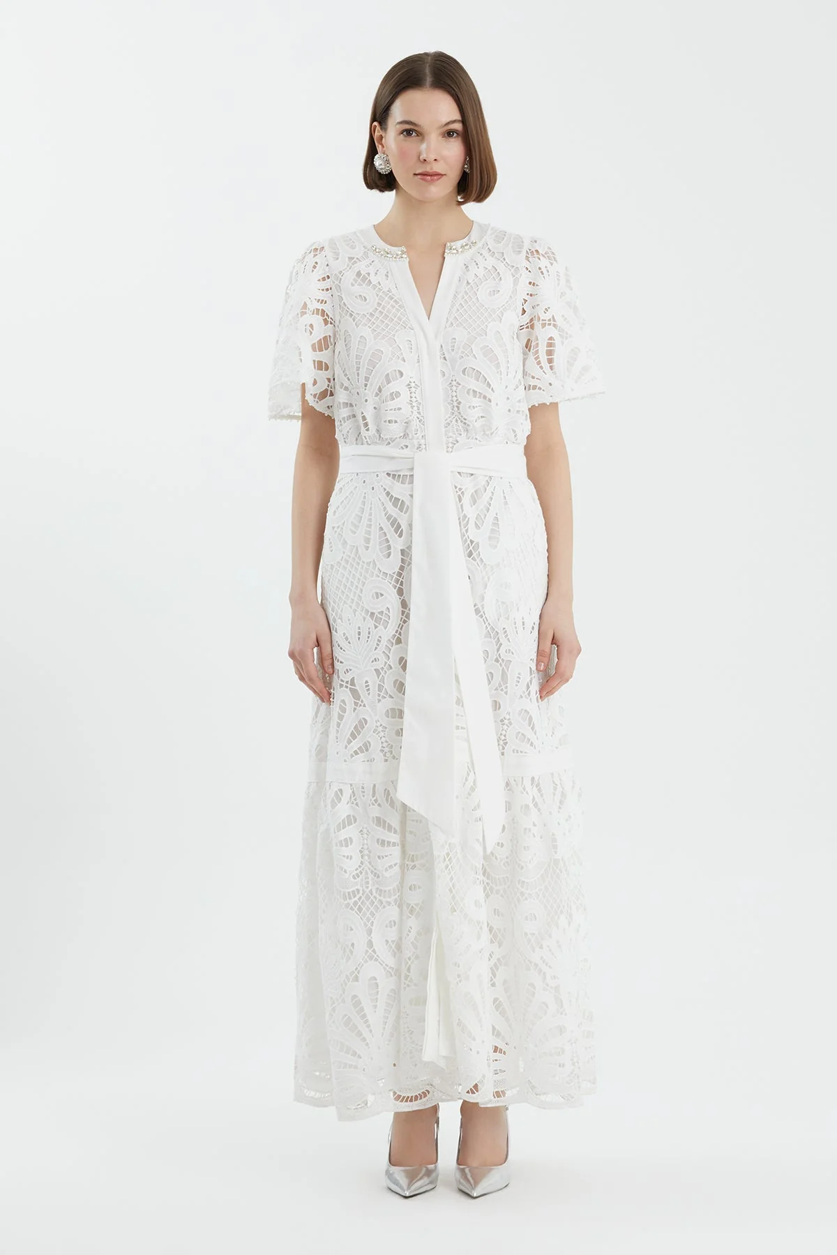 Ecru Embroidered Belted Dress