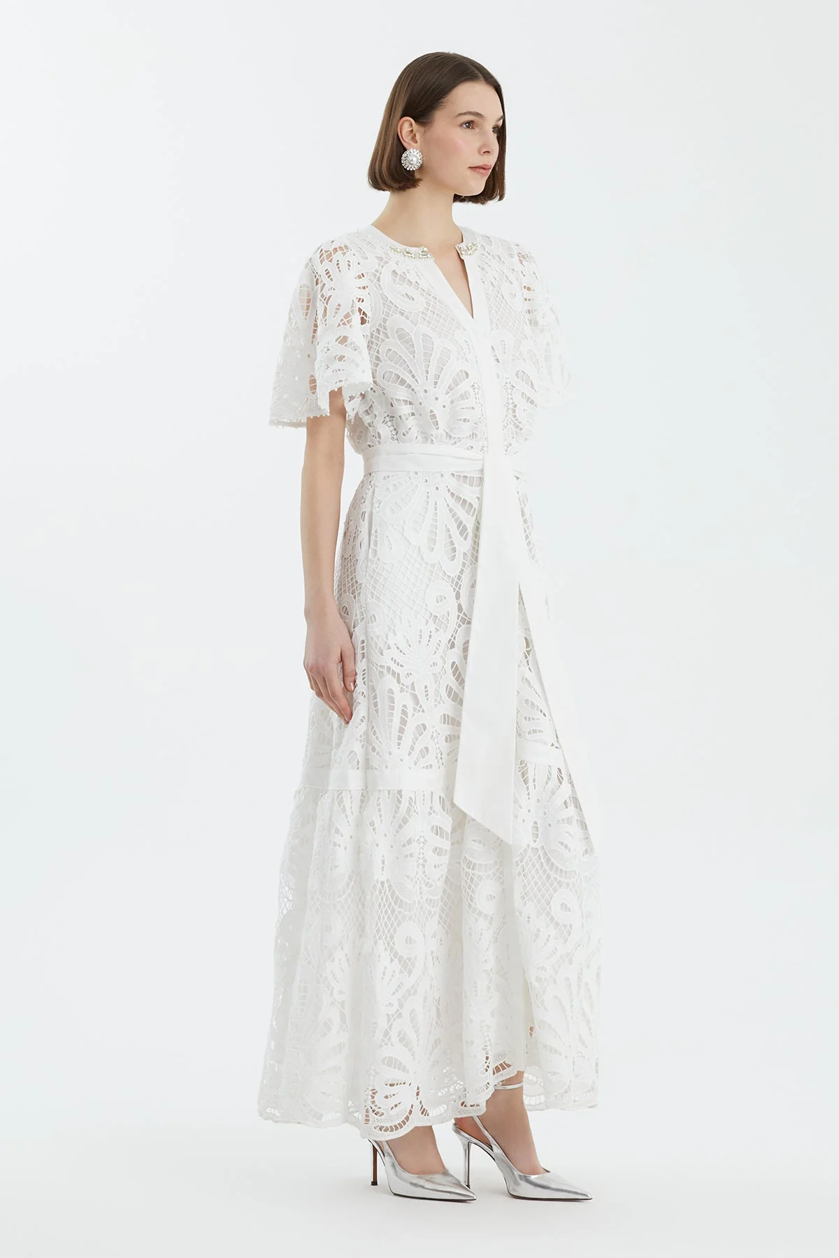 Ecru Embroidered Belted Dress - Image 4