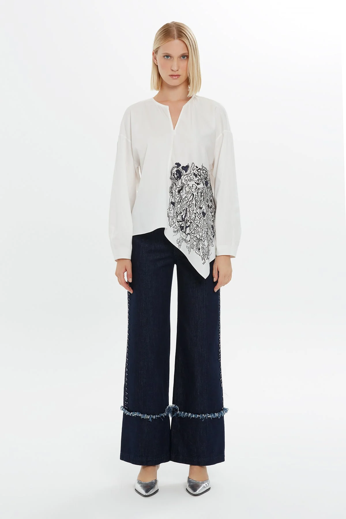 Ecru Embroidered Chain-Stitch V-Neck Blouse - Image 3