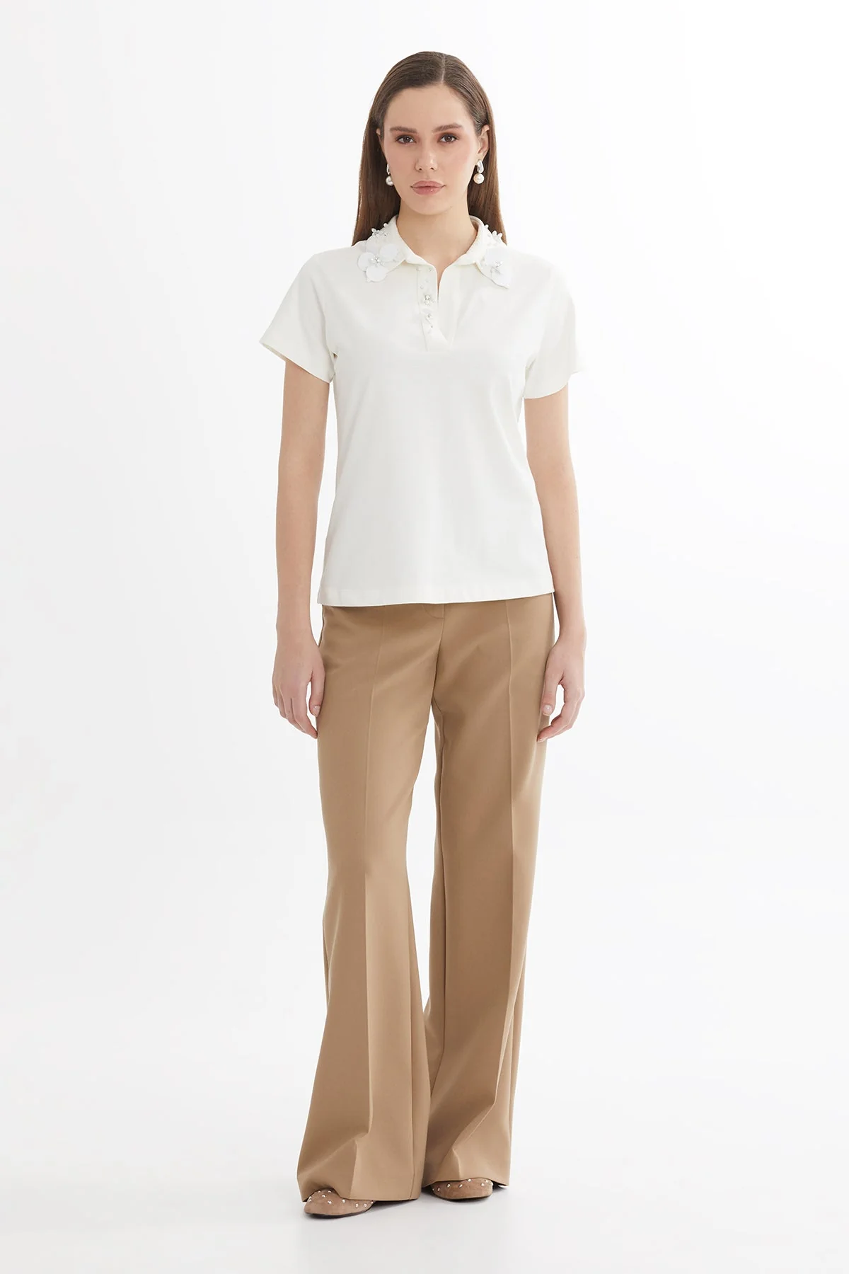 Ecru Embroidered Collar Detail T-Shirt