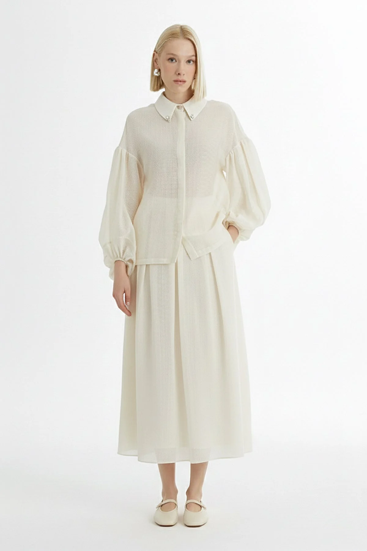 Ecru Embroidered Collar Shirt Pleated Skirt Set