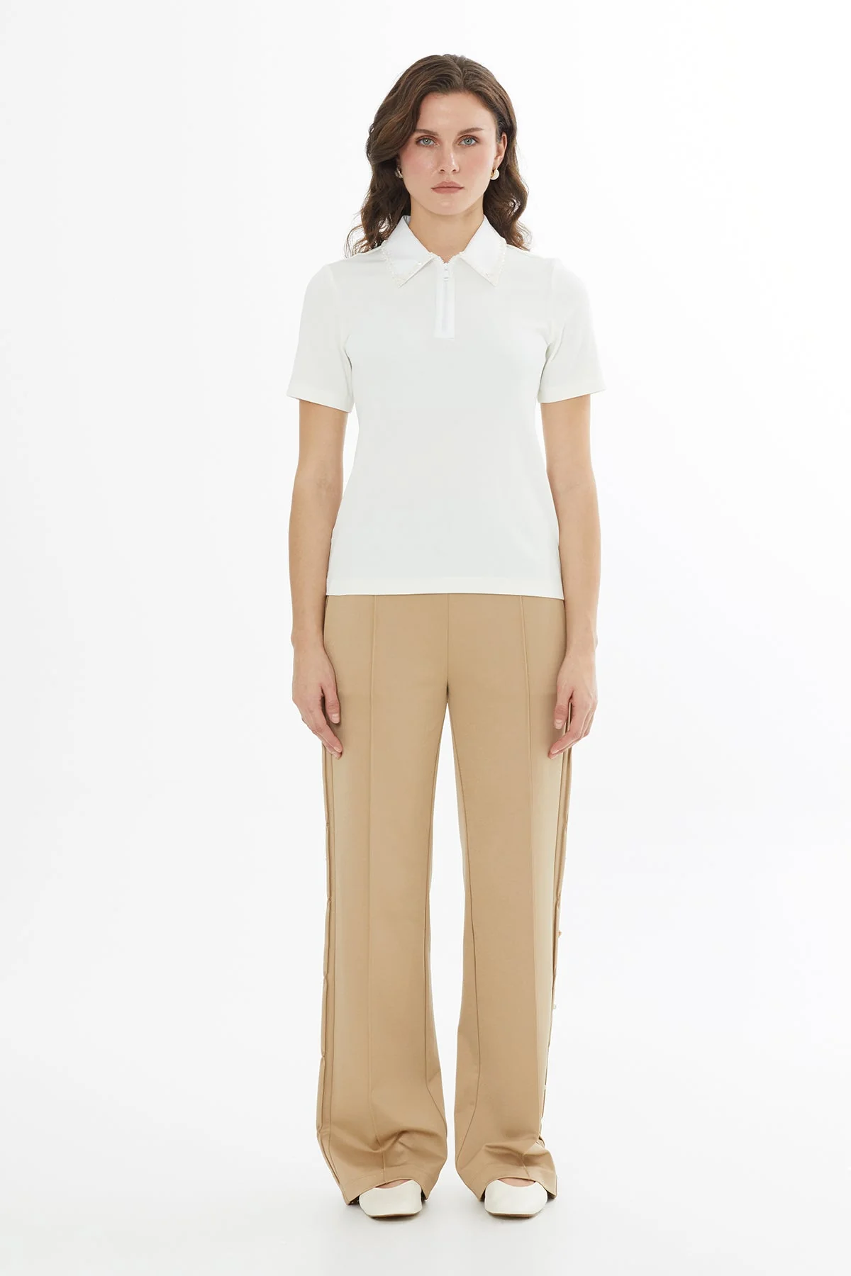 Ecru Embroidered Collar Zip T-Shirt