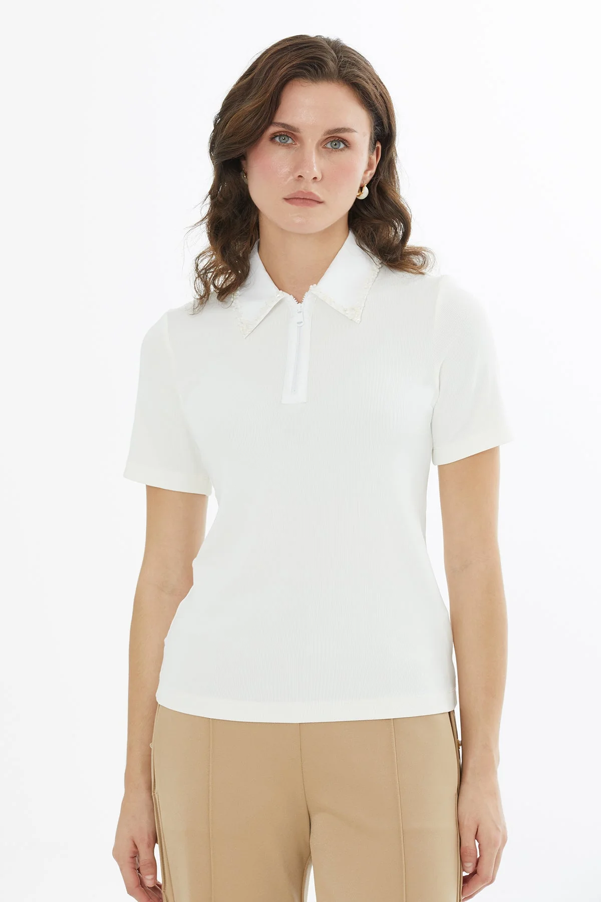 Ecru Embroidered Collar Zip T-Shirt - Image 2