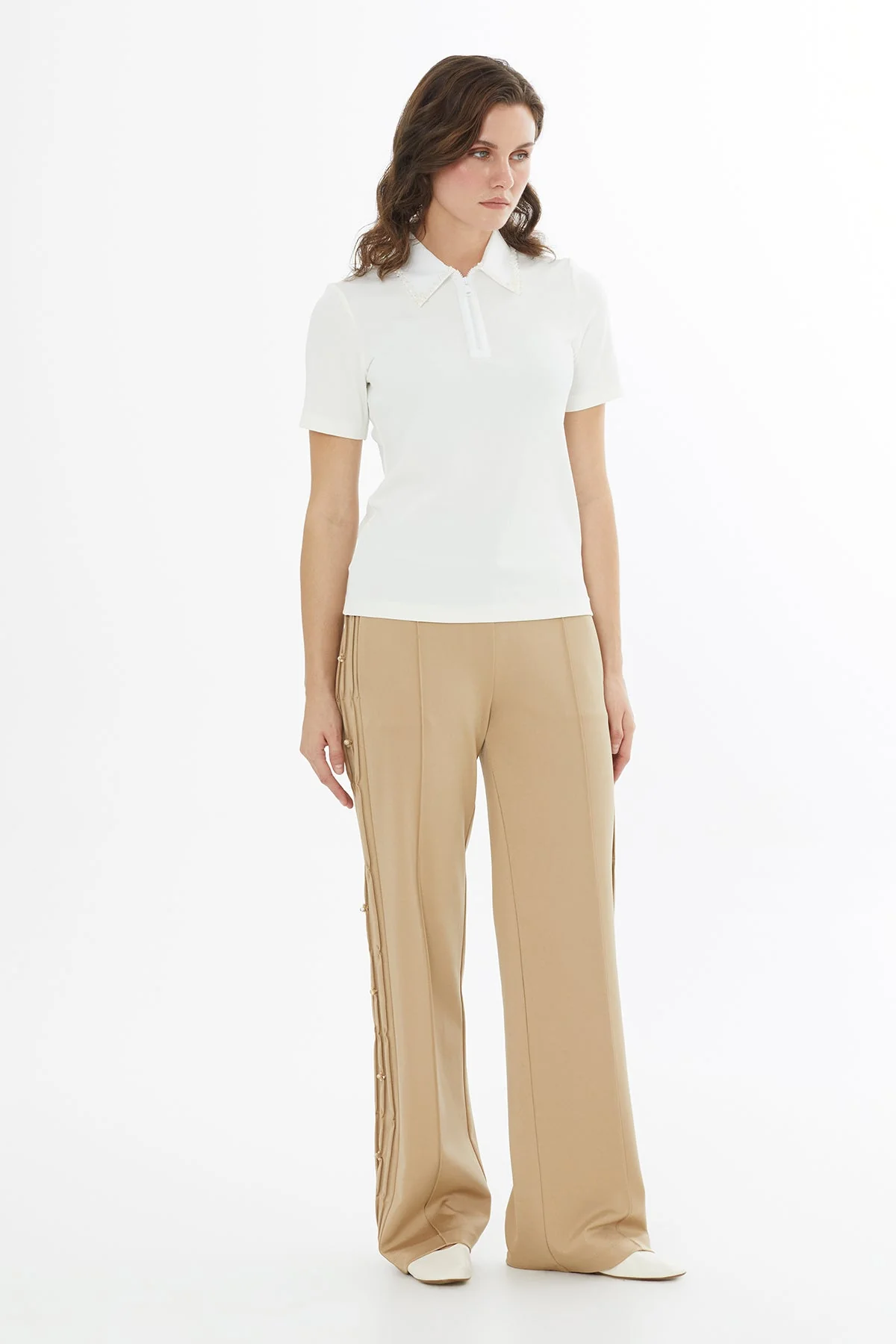 Ecru Embroidered Collar Zip T-Shirt - Image 4