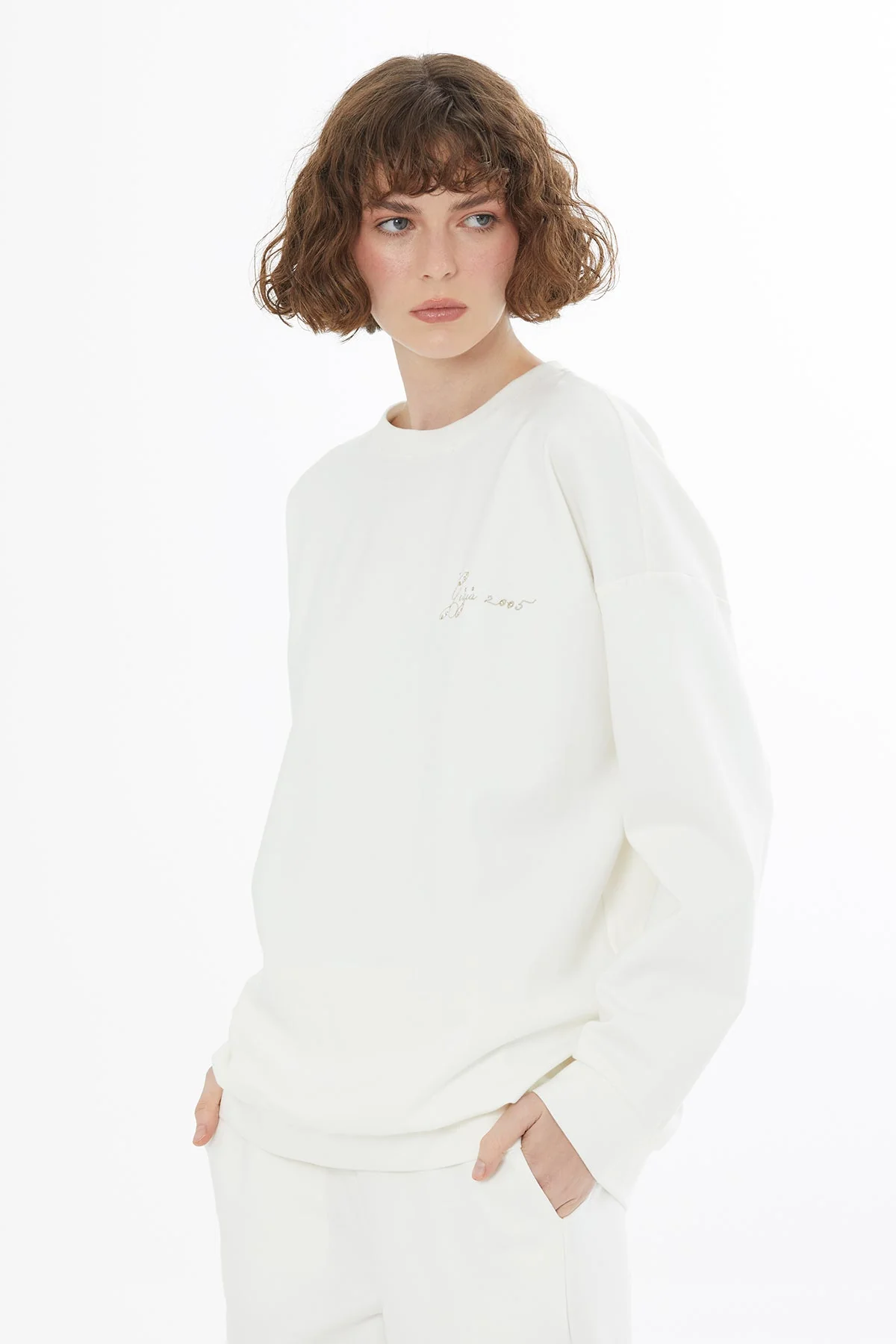Ecru Embroidered Crystal Appliqué Sweatshirt - Image 3