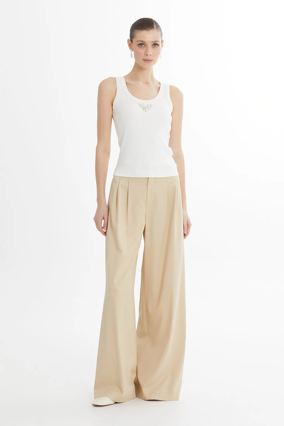 Ecru Embroidered Detail Tank Top