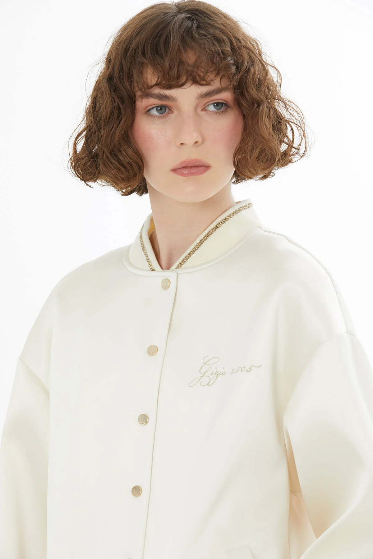 Ecru Embroidered Satin Bomber Jacket - Image 3