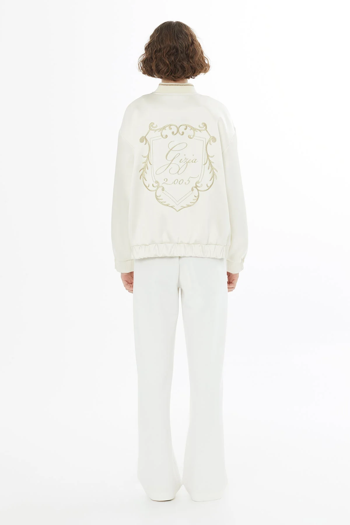 Ecru Embroidered Satin Bomber Jacket - Image 4