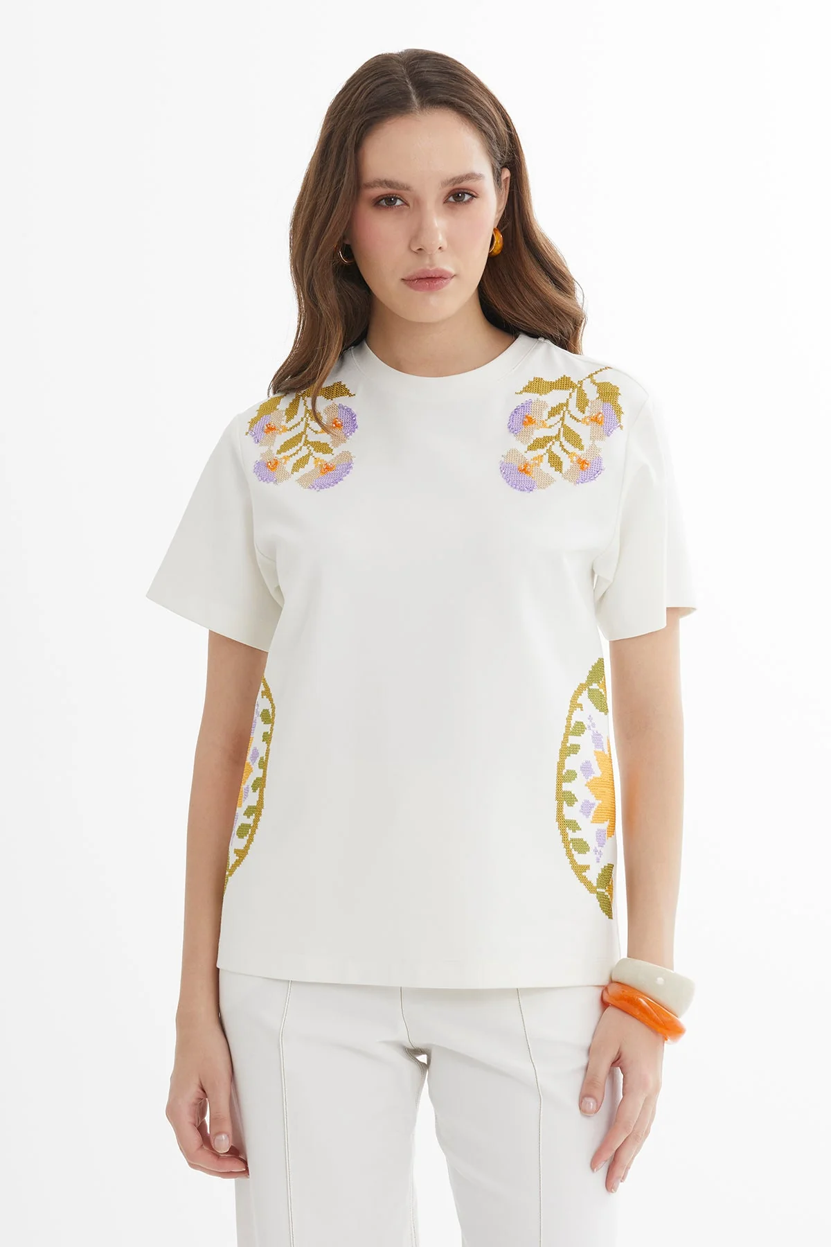 Ecru Embroidered Short-Sleeve T-Shirt - Image 2