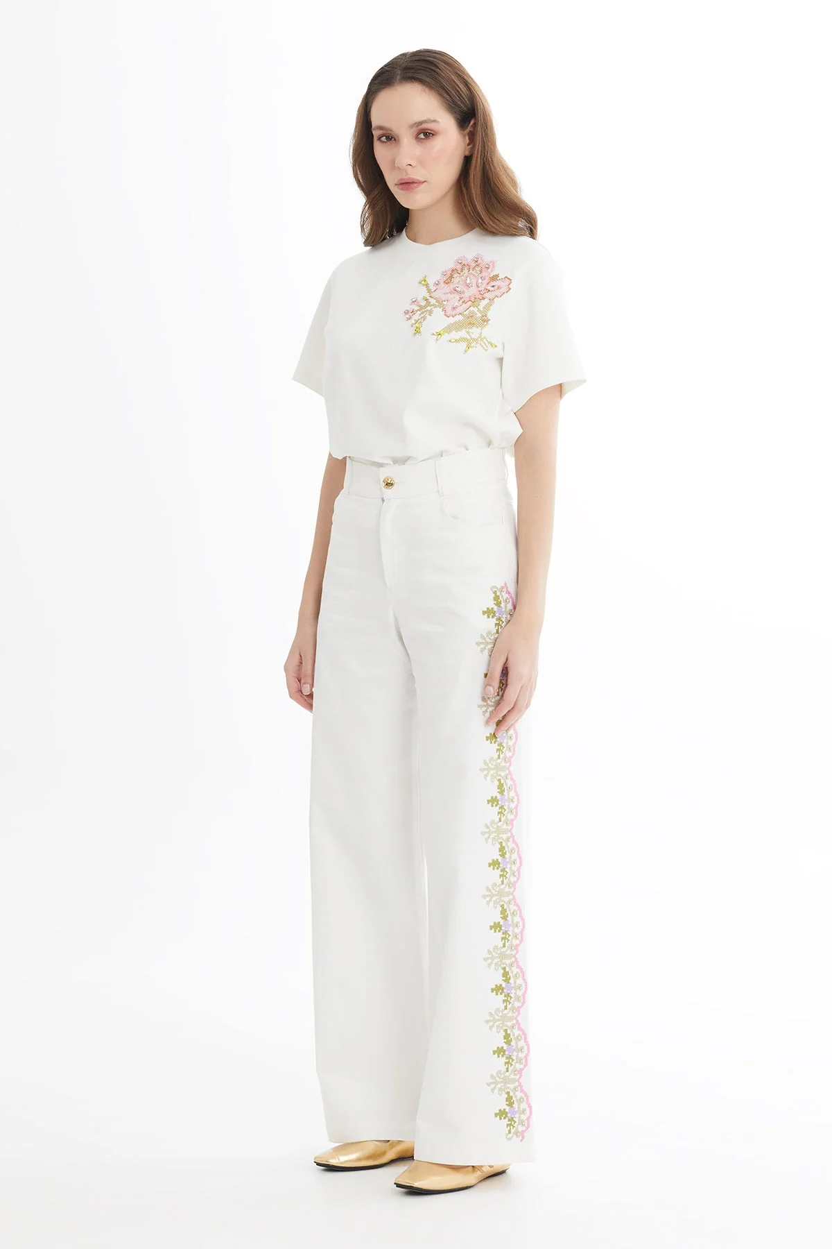 Ecru Embroidered Straight-Leg Trousers - Image 3