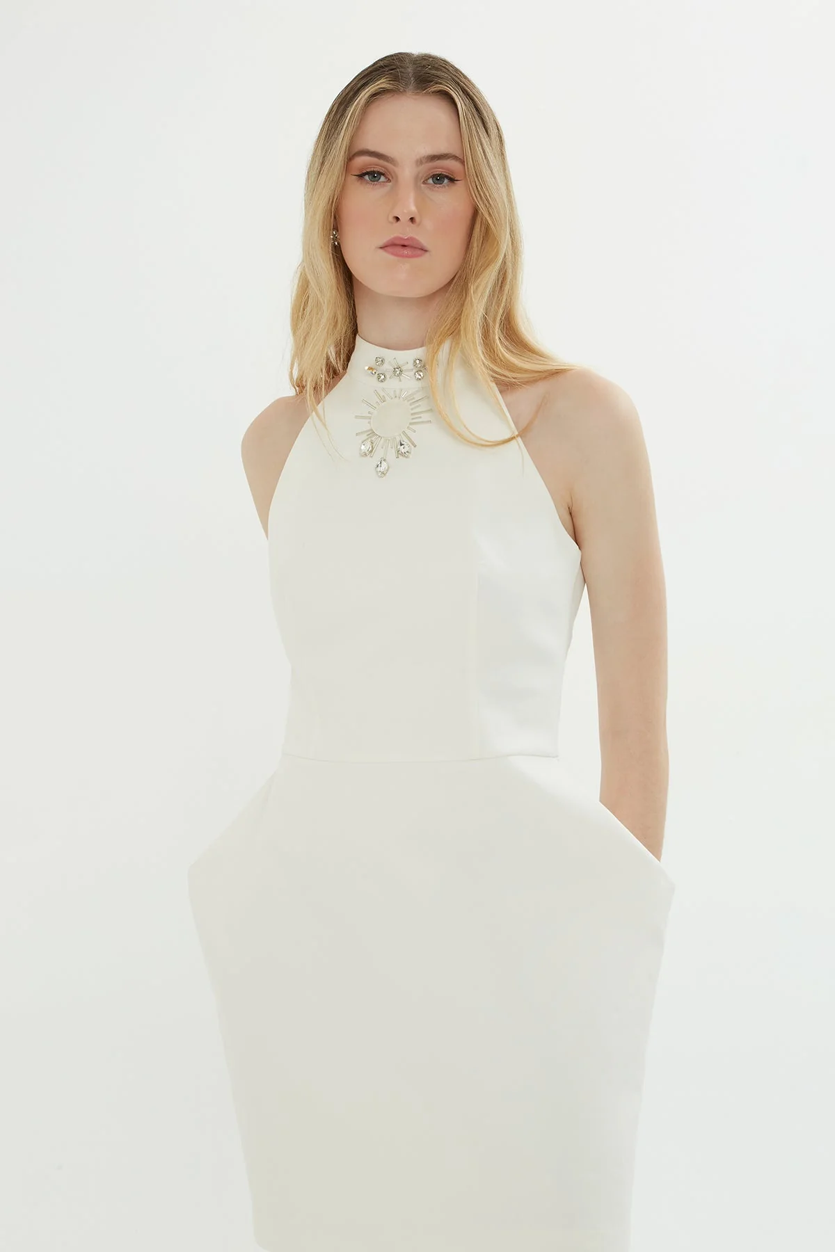 Ecru Fitted High-Neck Mini Dress - Image 3