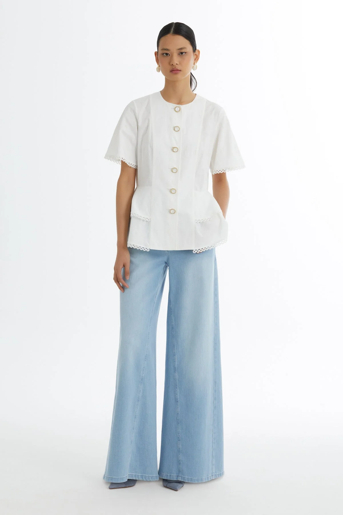 Ecru Flounce Button-Closure Blouse