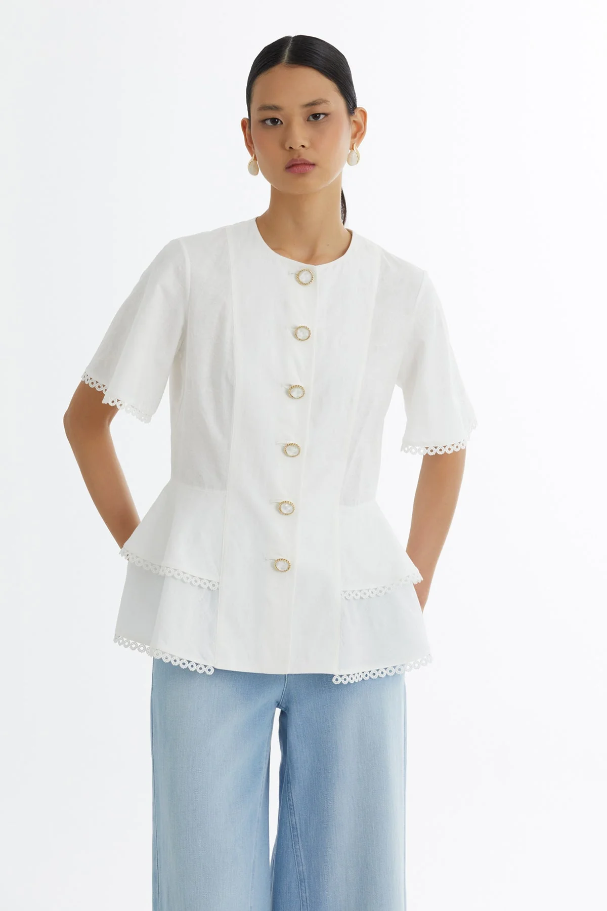 Ecru Flounce Button-Closure Blouse - Image 2
